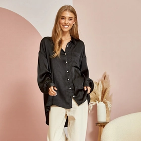 Andree Women's Black Shiny Blouse Scoop Neck Shape Chic Cardigan