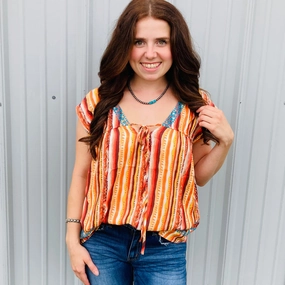 Anti Odor Finish DurableWeave Andree Women's Coral Aztec Striped Short Sleeve