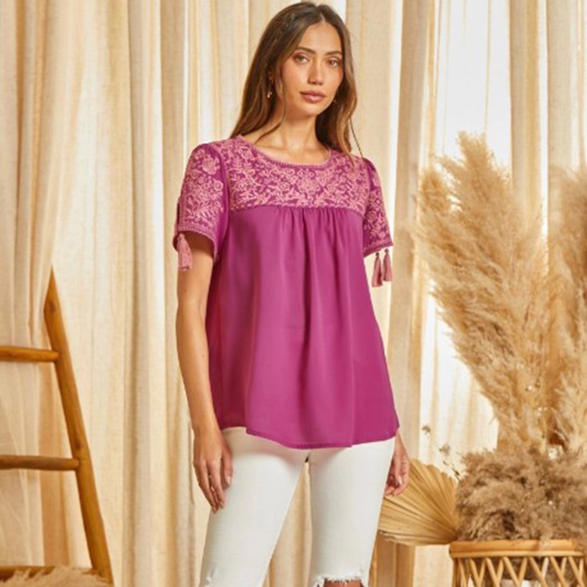 Andree Women's Magenta Embroidered Blouse Chic Cardigan Stretchable Blend