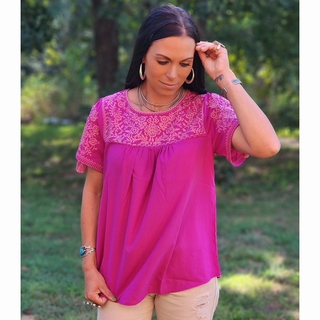 UV protection coating Andree Women's Magenta Embroidered Blouse