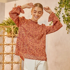 Andree Women's Rust & Plum Floral Blouse Slim Fit Design Eco Friendly Dye Process