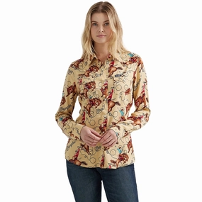 Breathable fabric VNeckline Wrangler Women's Bucking Horse Pearl Snap Long Sleeve