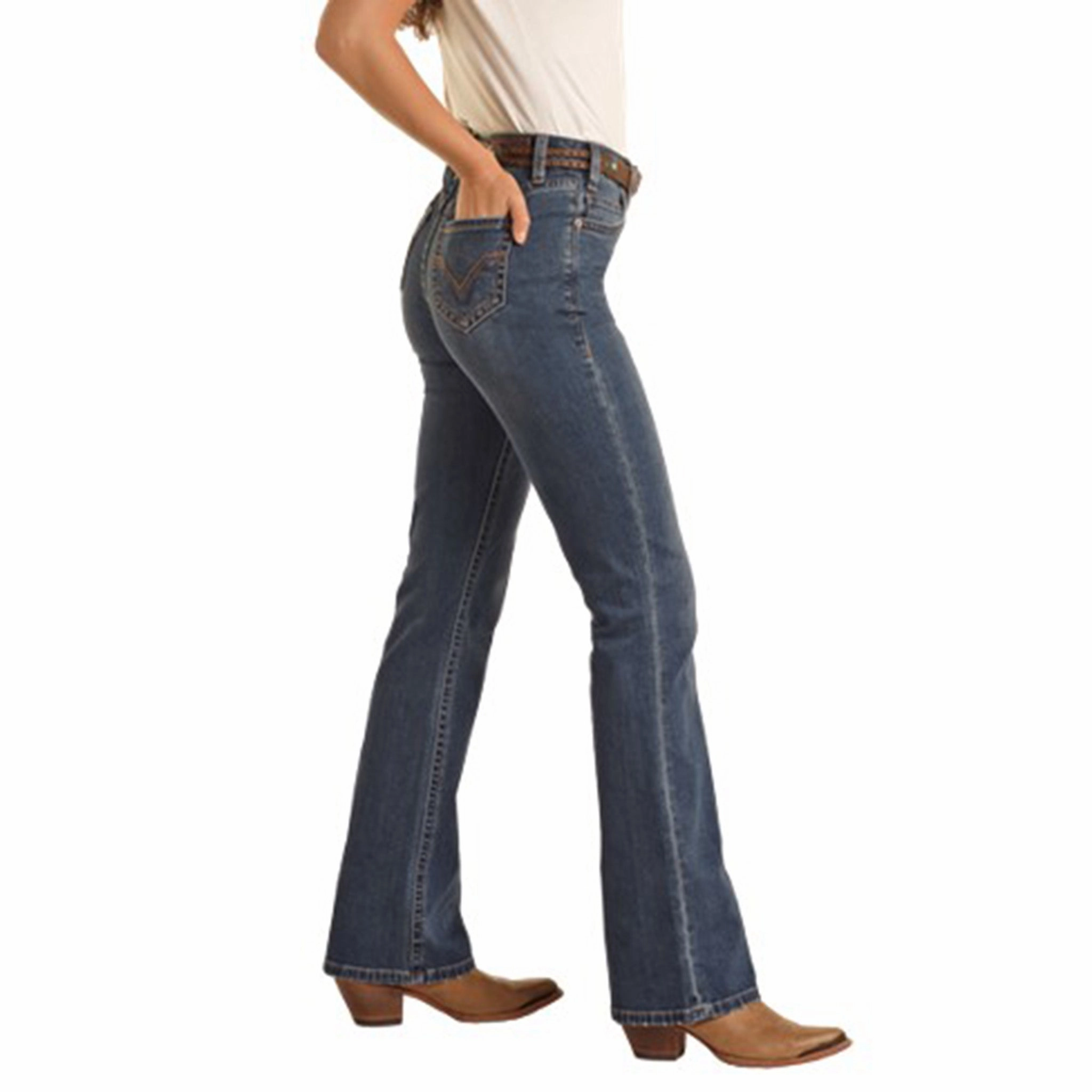 Rock & Roll Women's Med Vintage High Rise Bootcut Sunny Vibes Vibrant Relaxed Style Double Layered Knees