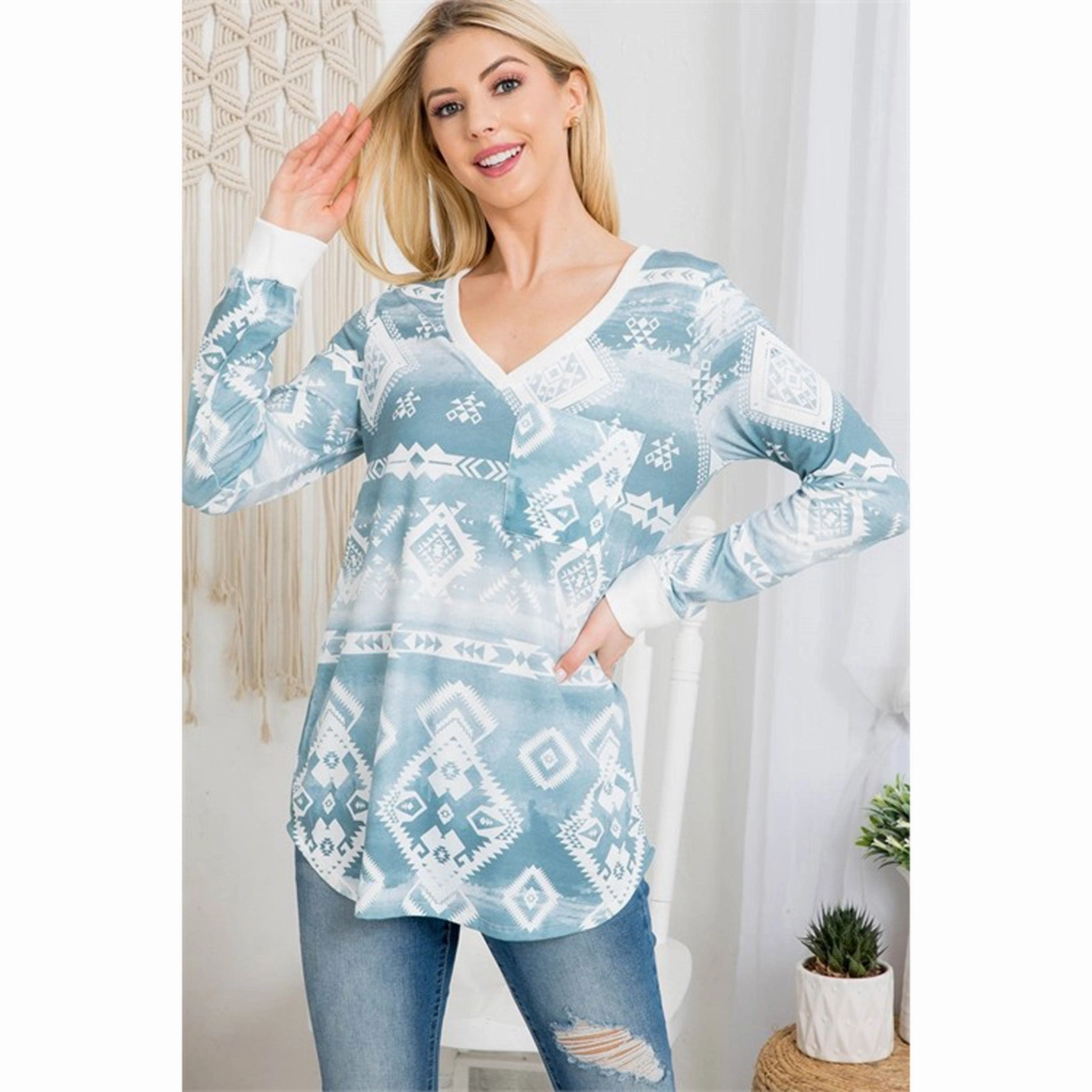 Self Fabric Tie Closure QuickDry Texture Avery Women's Aztec Print V Neck Long Sleeve Top