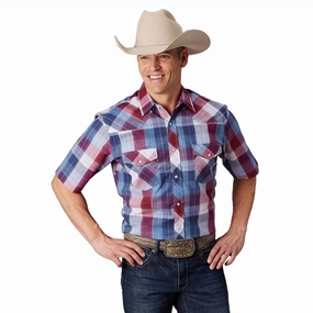 Roper Men's Red & White Plaid Short Sleeve Military Inspired