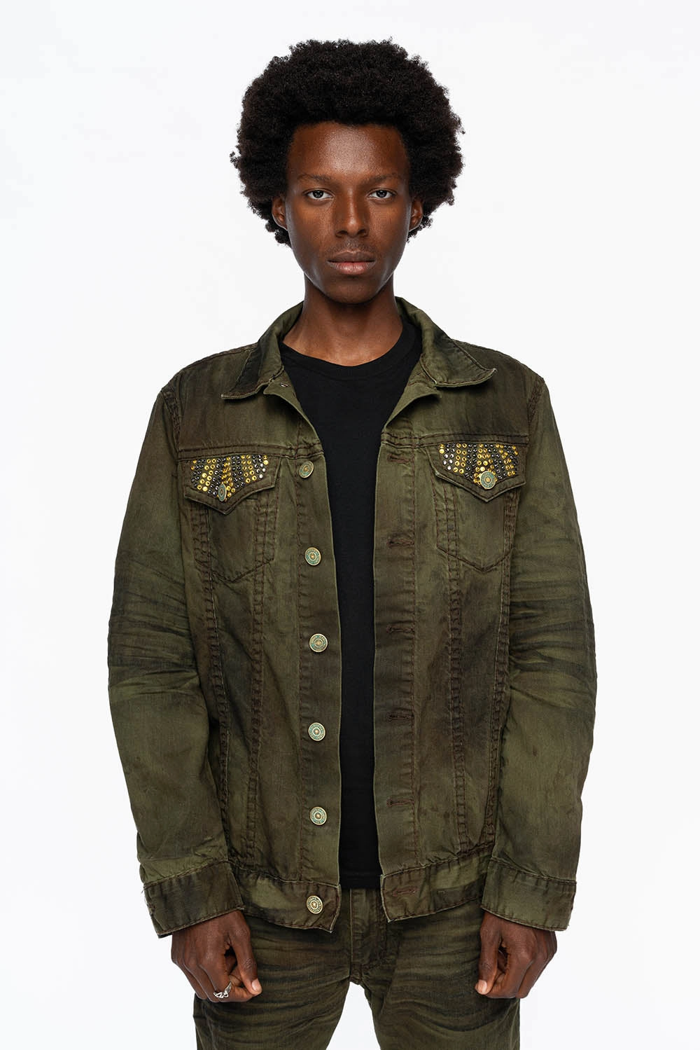 VINTAGE FASHION GREEN JEAN JKT WITH BROWN CONTRAST STICH WITH CRYSTALS Extra Layer Piece Stretch Enhanced Mobility Zones