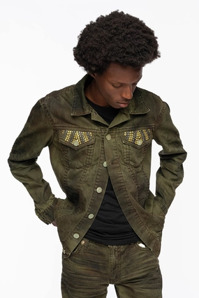 Snap Button VINTAGE FASHION GREEN JEAN JKT WITH BROWN CONTRAST STICH WITH CRYSTALS