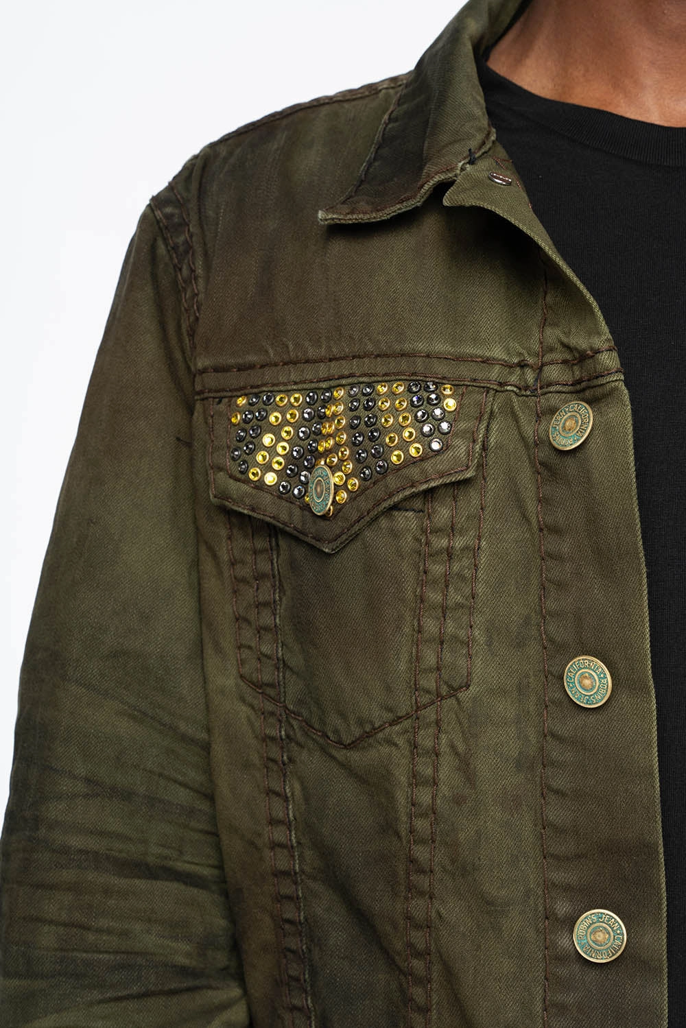 Anti Pilling Textile VINTAGE FASHION GREEN JEAN JKT WITH BROWN CONTRAST STICH WITH CRYSTALS