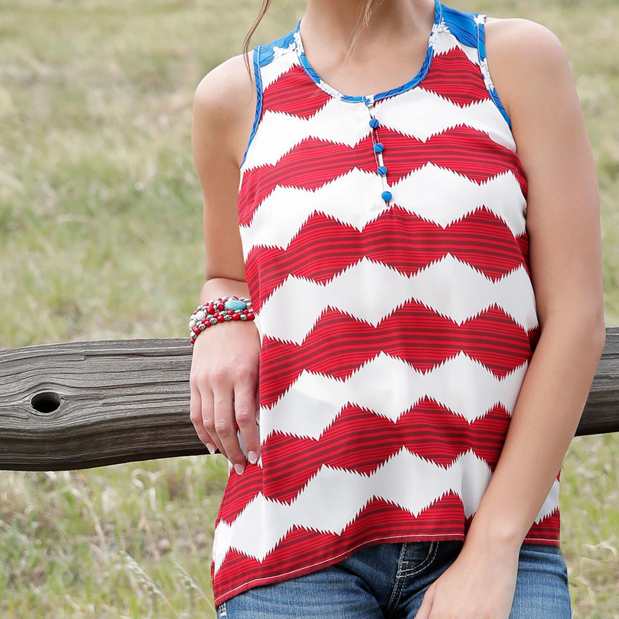 Cruel Denim Women's Red/White/Blue Tank Minimalist Collar