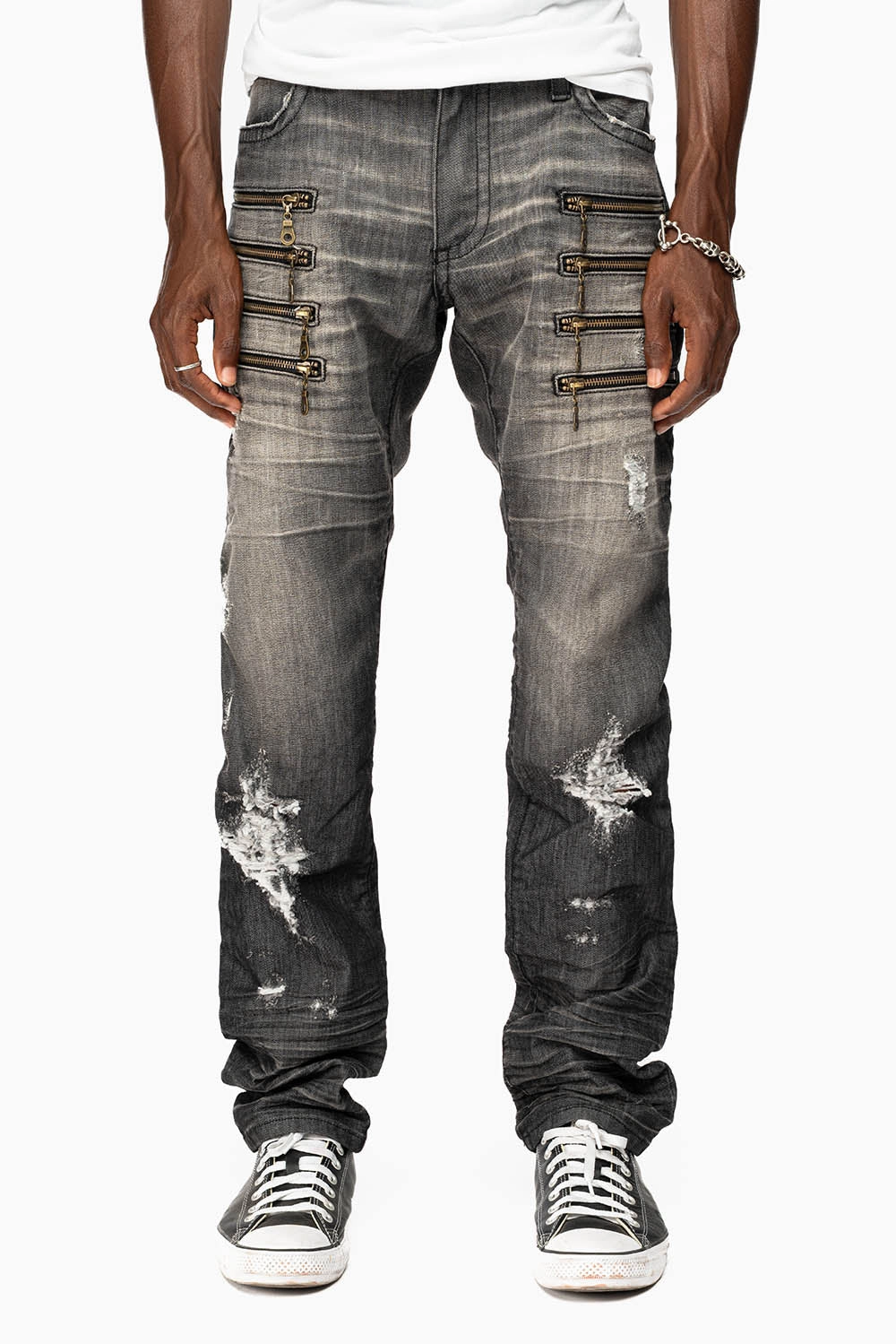 Regular Look MENS MOTORCYCLE ZIPPERS SLIM JEANS IN ALBANY BLK BROKEN WASH EMBELLISHED WITH CRYSTALS