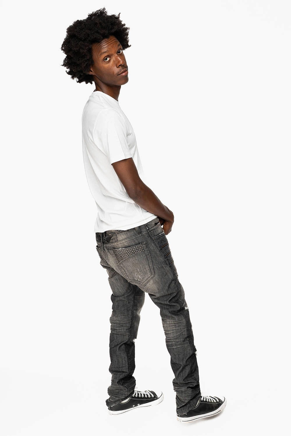 MENS MOTORCYCLE ZIPPERS SLIM JEANS IN ALBANY BLK BROKEN WASH EMBELLISHED WITH CRYSTALS Streetwear Fan Family Style