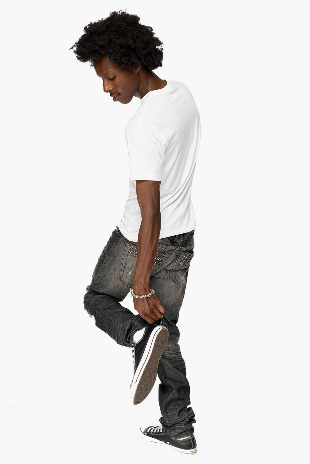 City Walk Smooth MENS MOTORCYCLE ZIPPERS SLIM JEANS IN ALBANY BLK BROKEN WASH EMBELLISHED WITH CRYSTALS