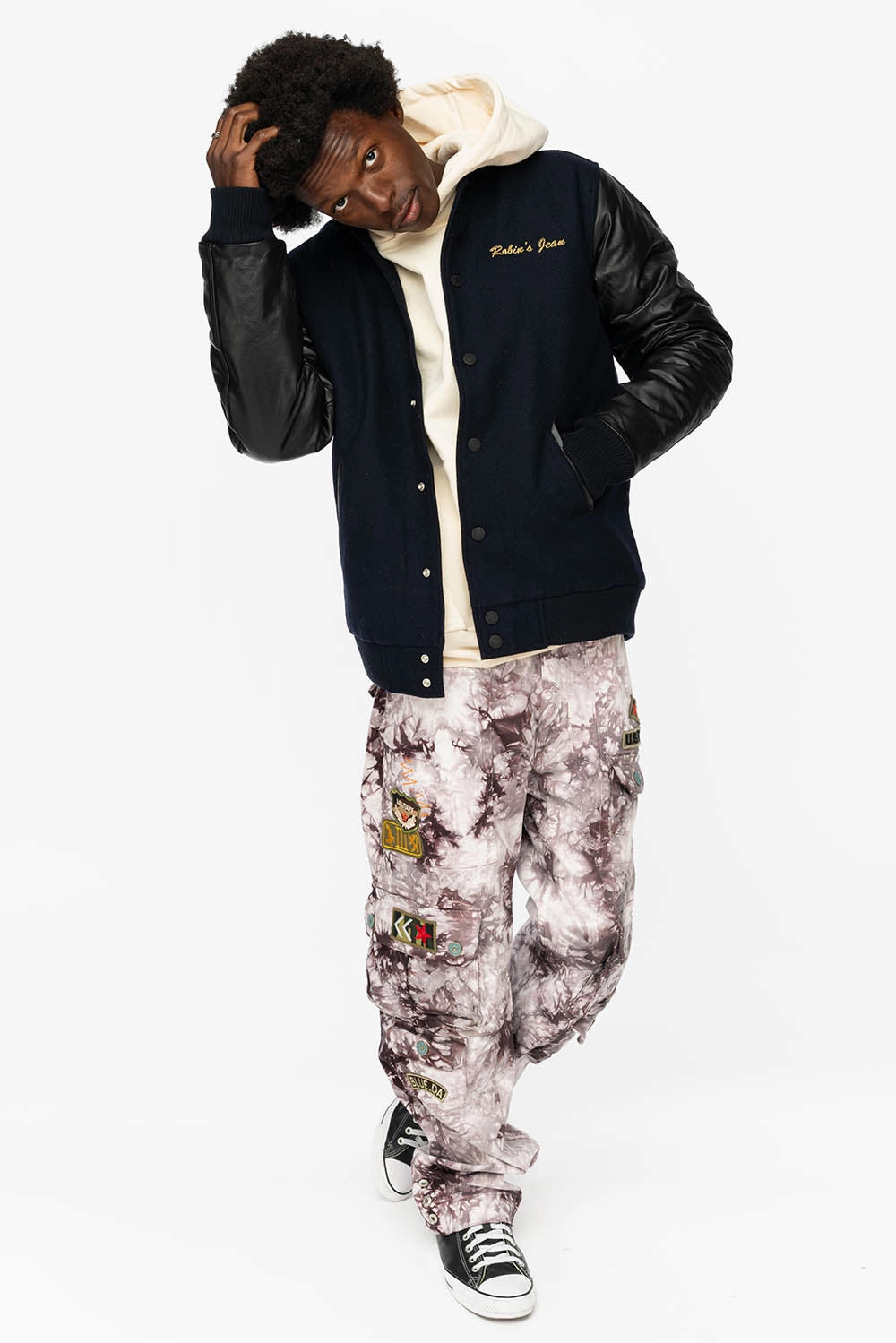 Autumn Layers ROBIN??S WOOL & LEATHER VARSITY BOMBER JACKET IN NAVY/BLACK