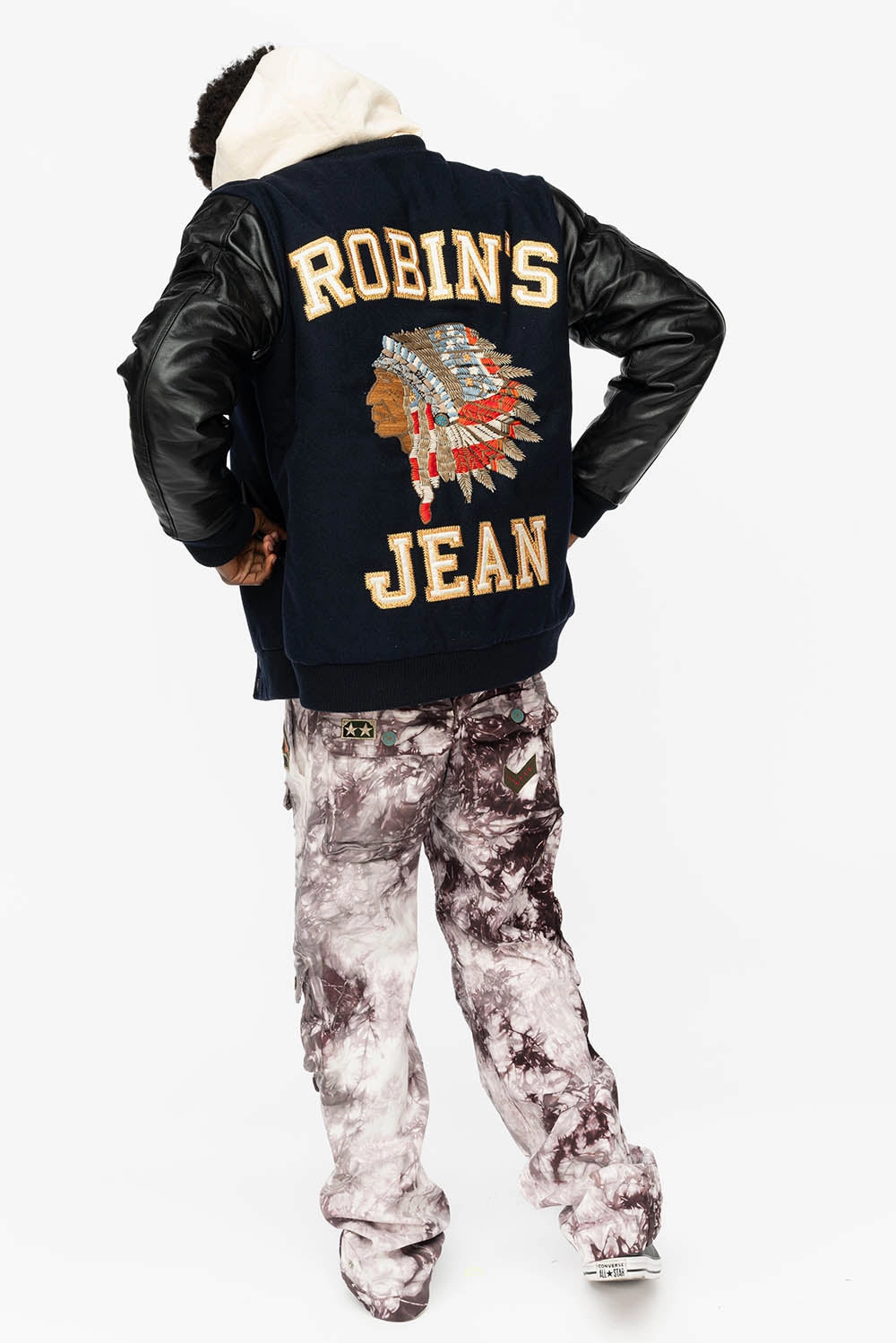 Water Resistant Fabric Water Repellent Fabric ROBIN??S WOOL & LEATHER VARSITY BOMBER JACKET IN NAVY/BLACK