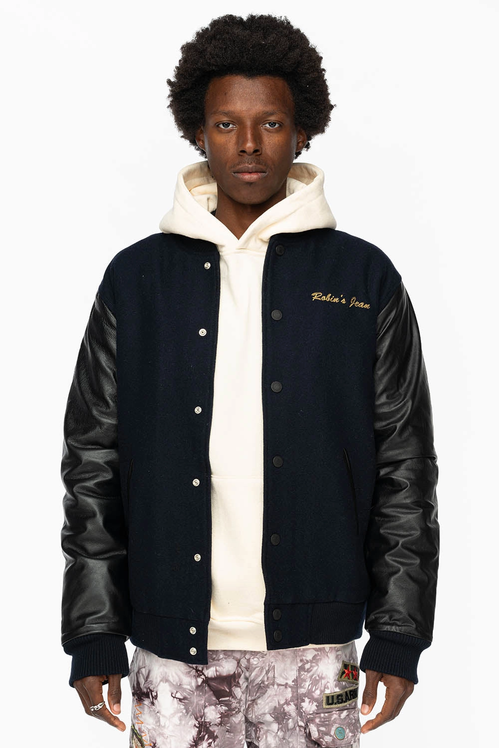ROBIN??S WOOL & LEATHER VARSITY BOMBER JACKET IN NAVY/BLACK Simple Outer