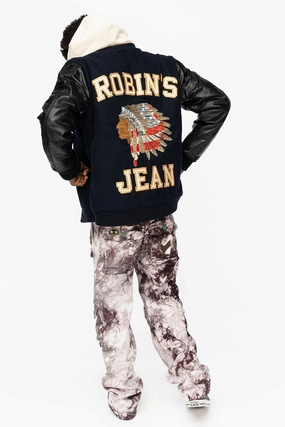 Water Resistant Fabric Water Repellent Fabric ROBIN??S WOOL & LEATHER VARSITY BOMBER JACKET IN NAVY/BLACK