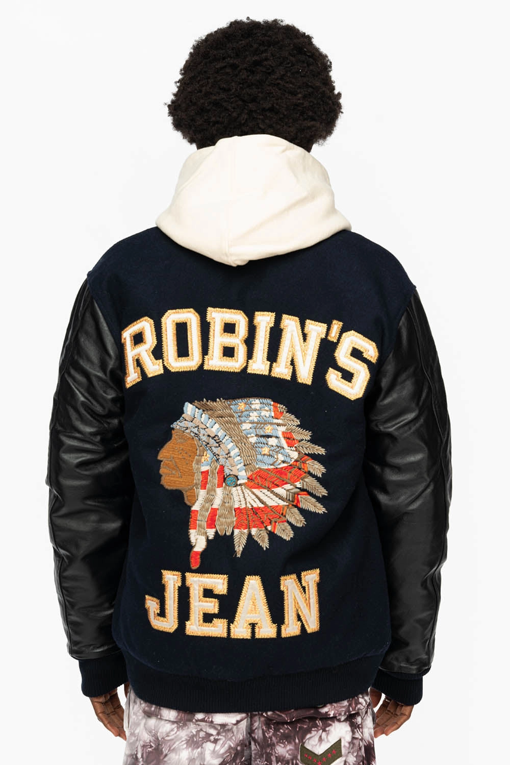 ROBIN??S WOOL & LEATHER VARSITY BOMBER JACKET IN NAVY/BLACK AntiStaticCoating Daywear Staple