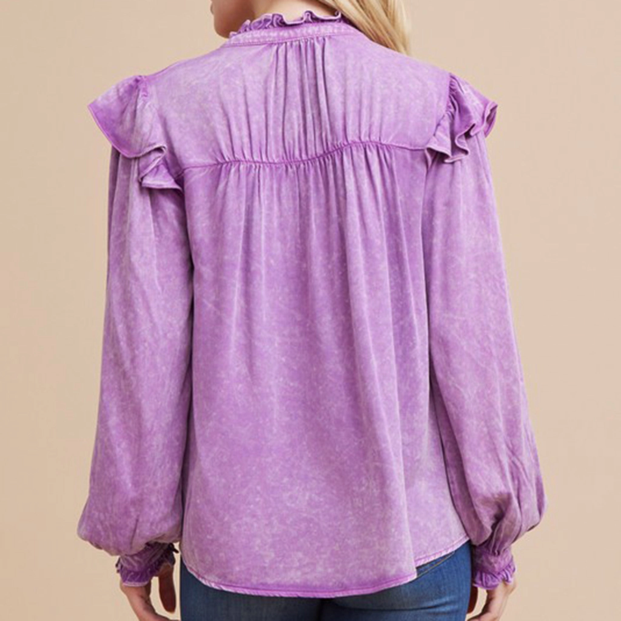 Women's Purple Ruffle Poet Sleeve Shirt Glow In The Dark Accent Trim Erasable Surface Coating