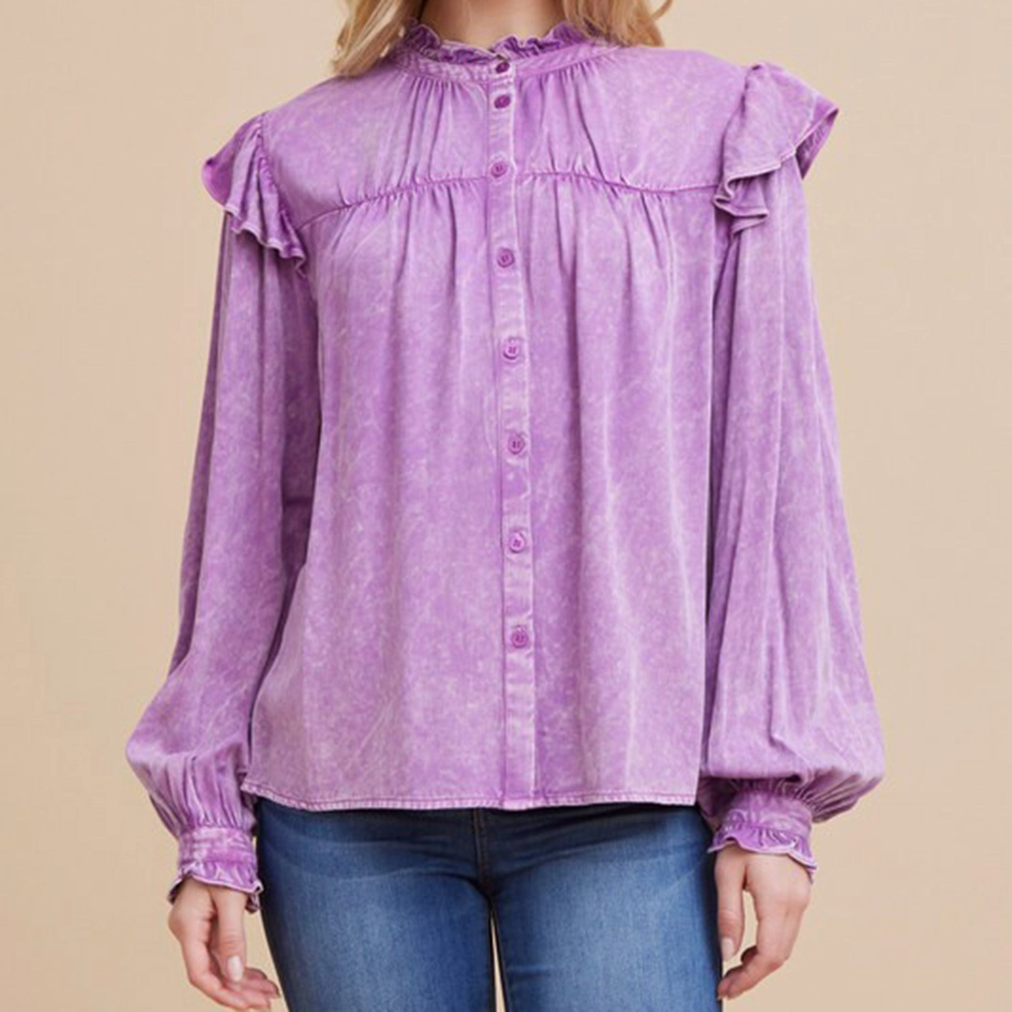 Women's Purple Ruffle Poet Sleeve Shirt Friction Resistant Shoulder