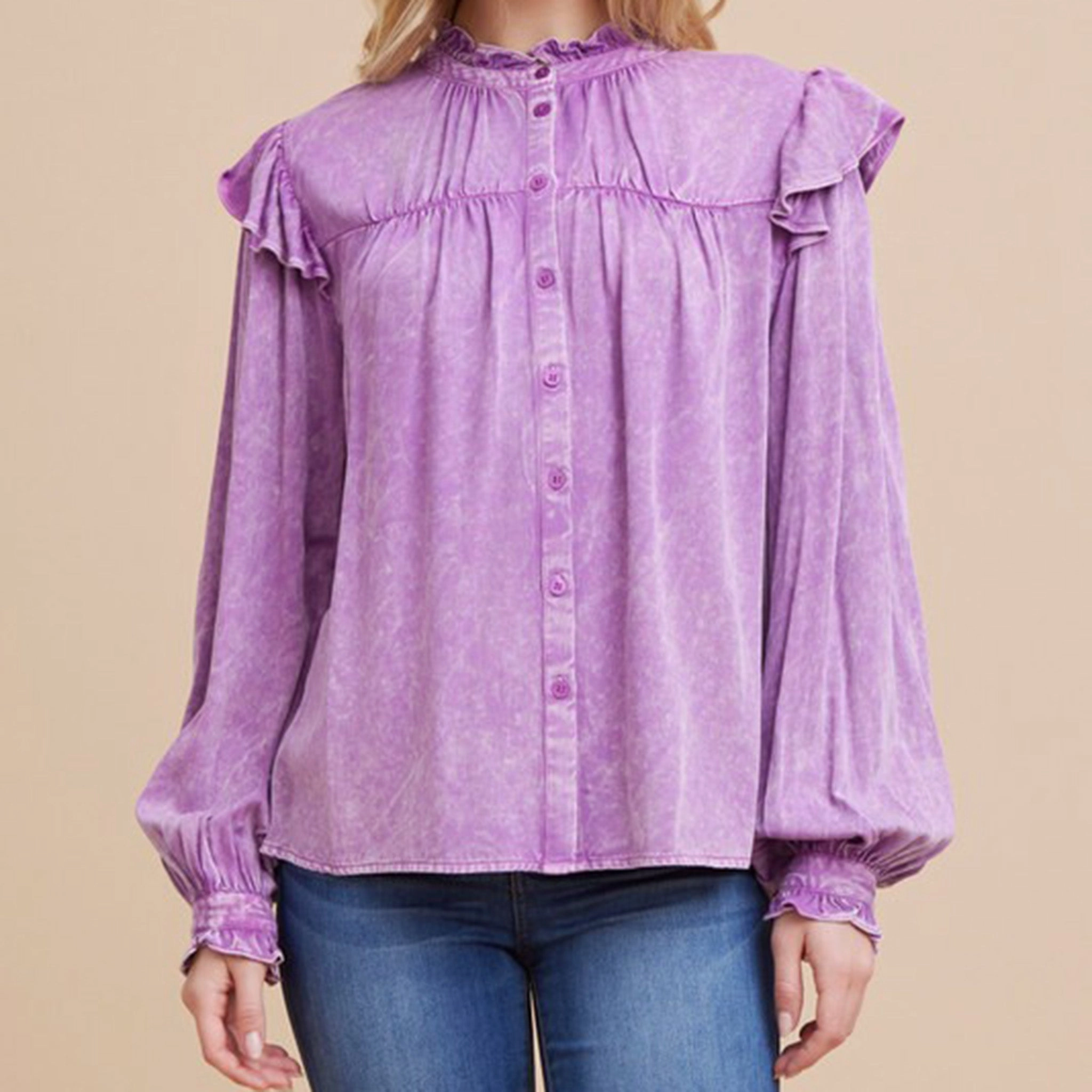 Contoured Side Panels Women's Purple Ruffle Poet Sleeve Shirt