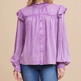 Women's Purple Ruffle Poet Sleeve Shirt Friction Resistant Shoulder