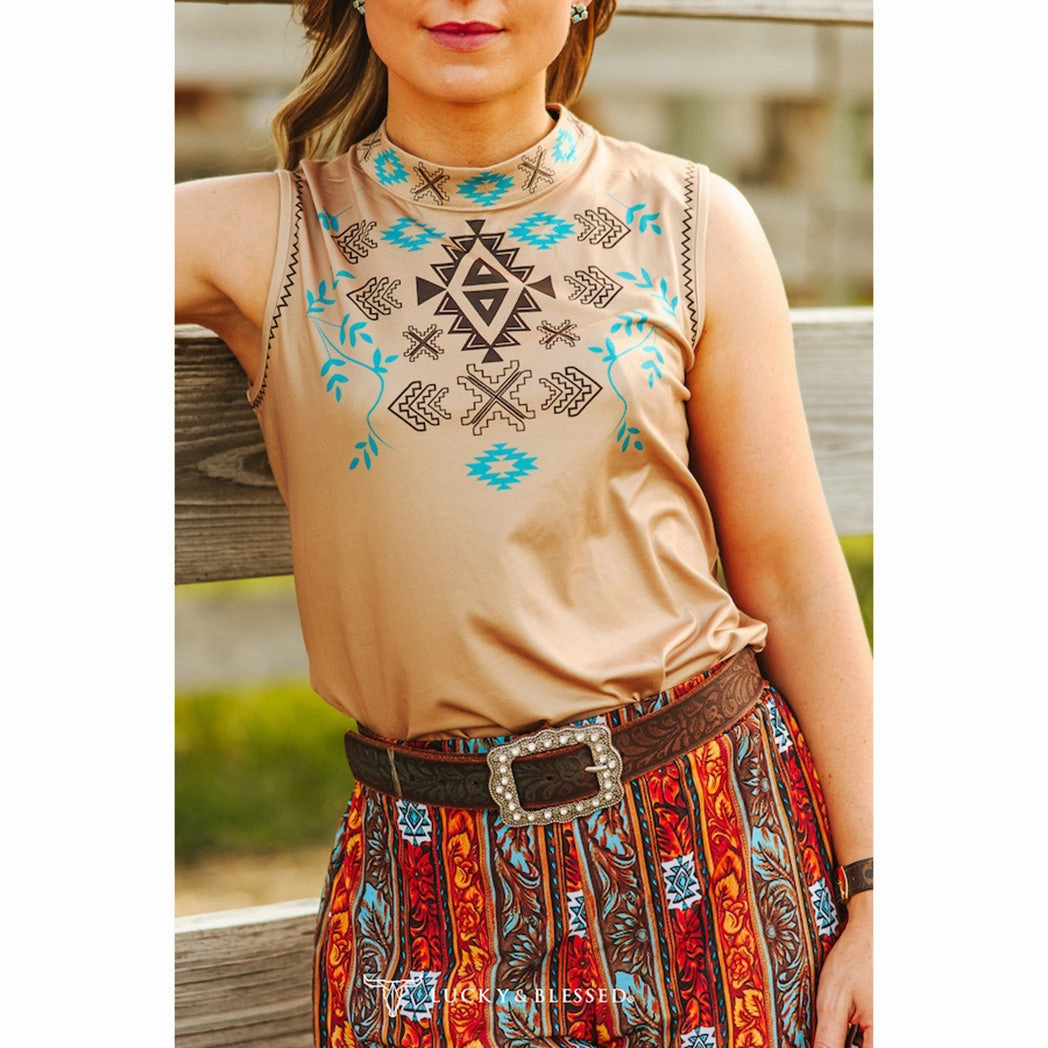 FadeResistant Water Repellent Finish Lucky & Blessed Women's Beige Aztec Printed Stretch Top