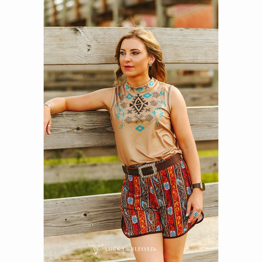 Double Stitched Hems Convertible Style Lucky & Blessed Women's Beige Aztec Printed Stretch Top