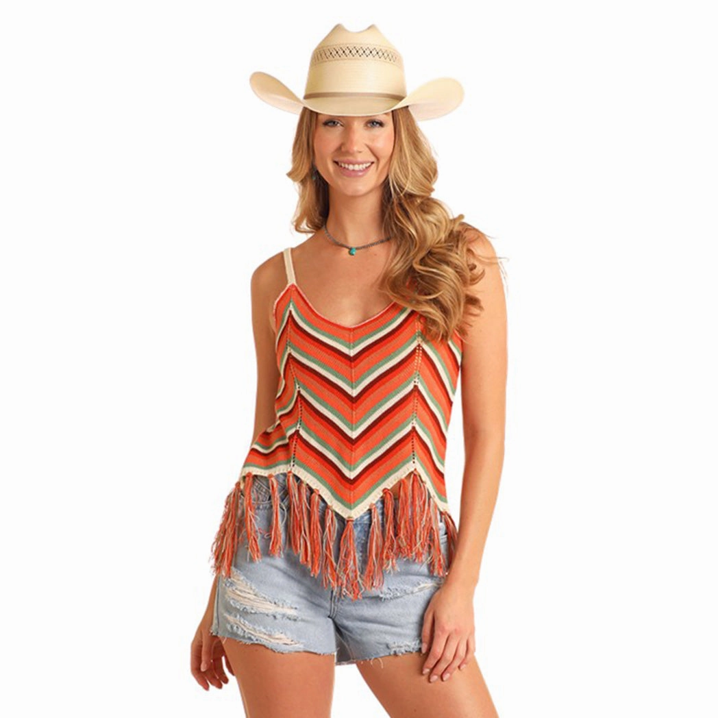 AntiSlipGrip Fashionable Fit Rock & Roll Women's Orange Fringe Knit Tank Top