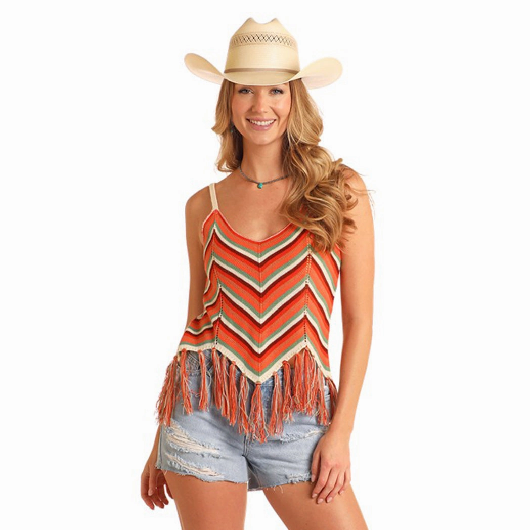 Smooth Seam Transition LightweightConstruction Rock & Roll Women's Orange Fringe Knit Tank Top