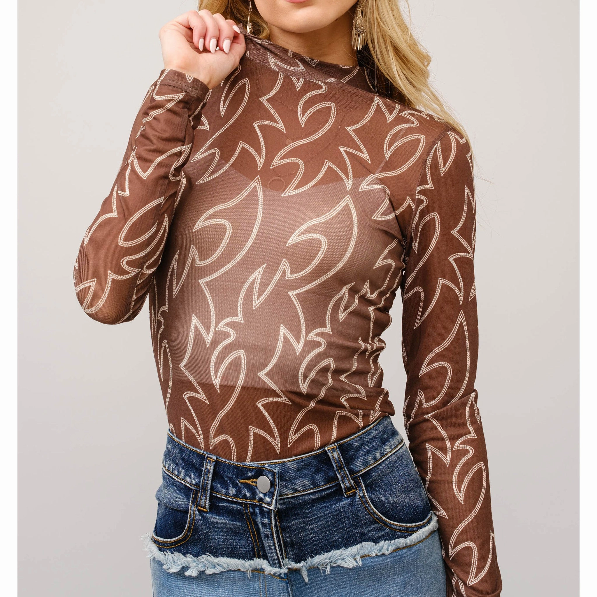 All Over Print Technique Dark Brown Boot Stitch Mesh Long Sleeve