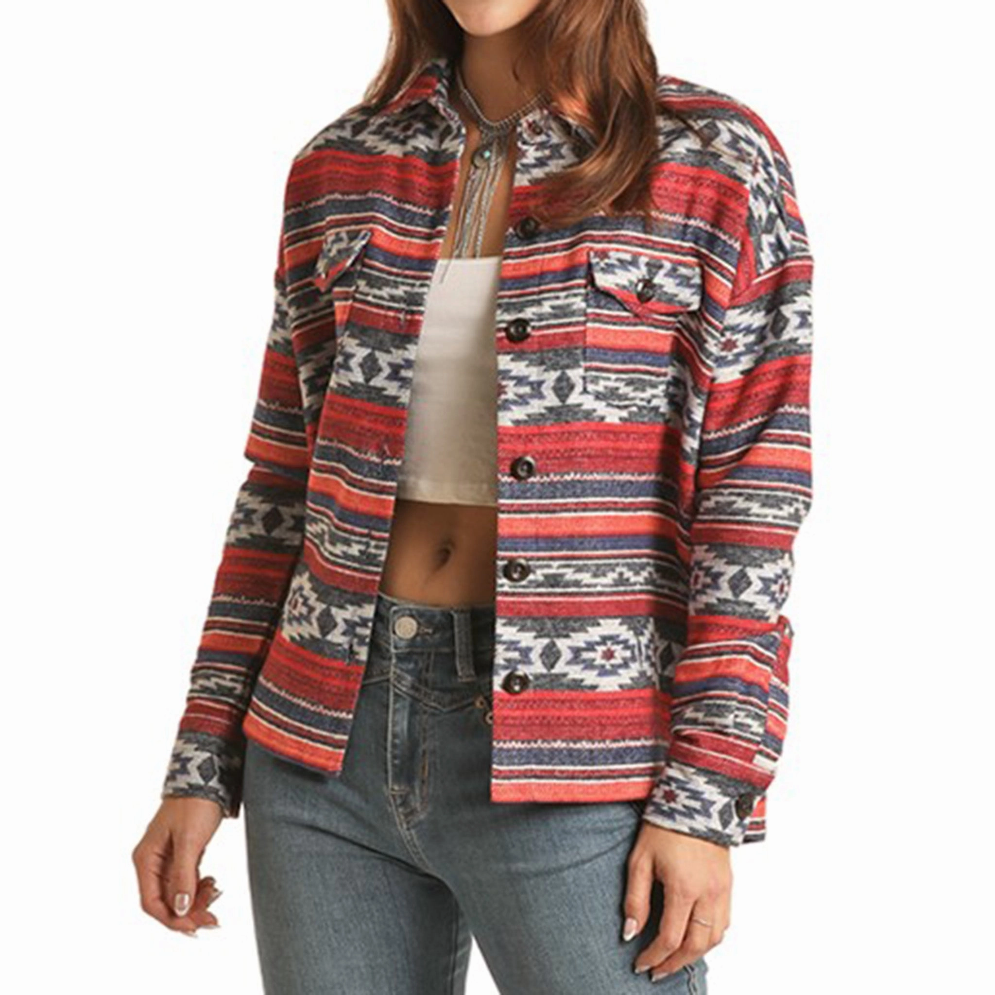 Cool Climate Rock & Roll Women's Red Aztec Shacket