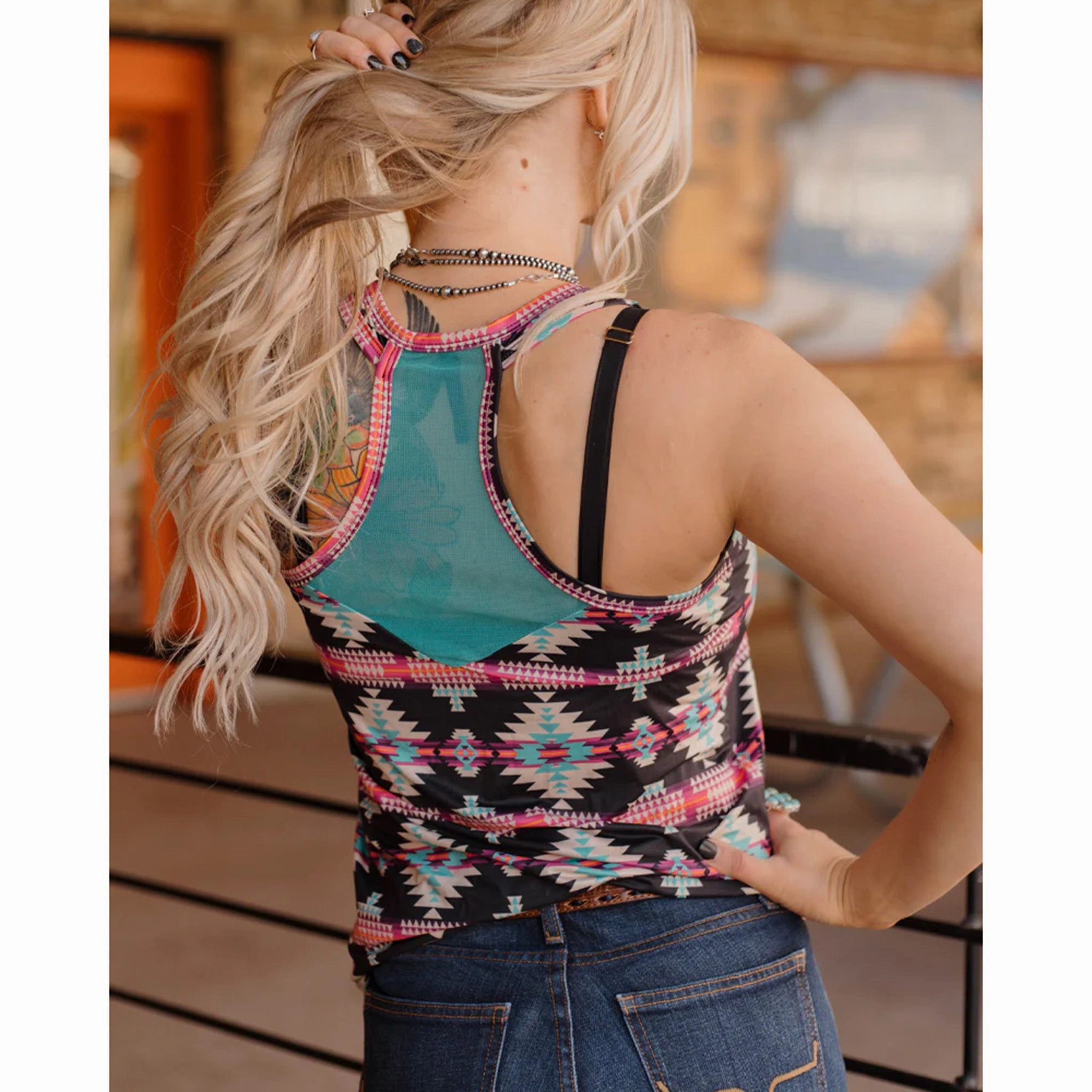 Ribbed Collar Design RelaxedFit Women's Pink & Black & Turquoise Aztec Tank Top
