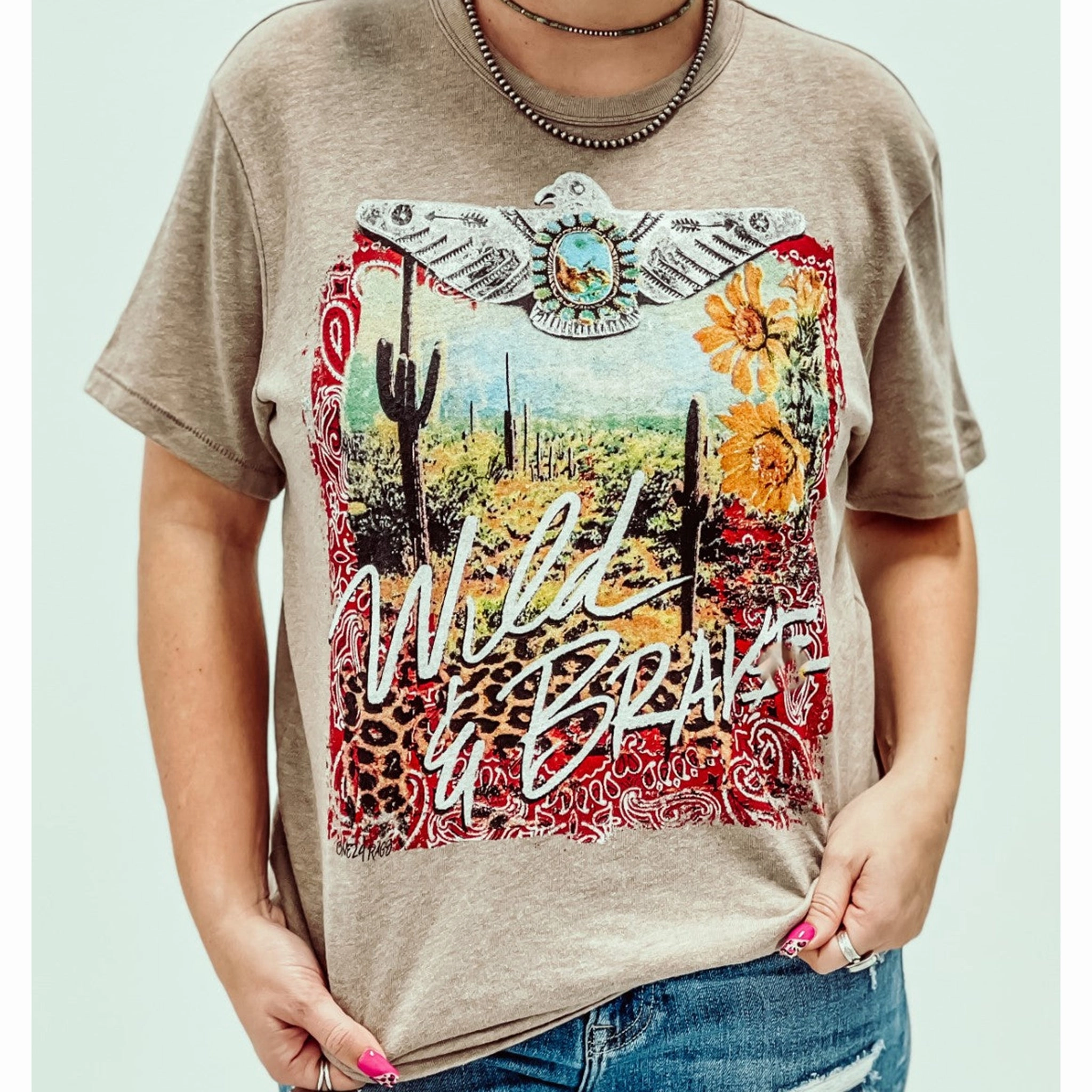 WILD & BRAVE TAN TEE Double Needle Stitching MultiPanel Design
