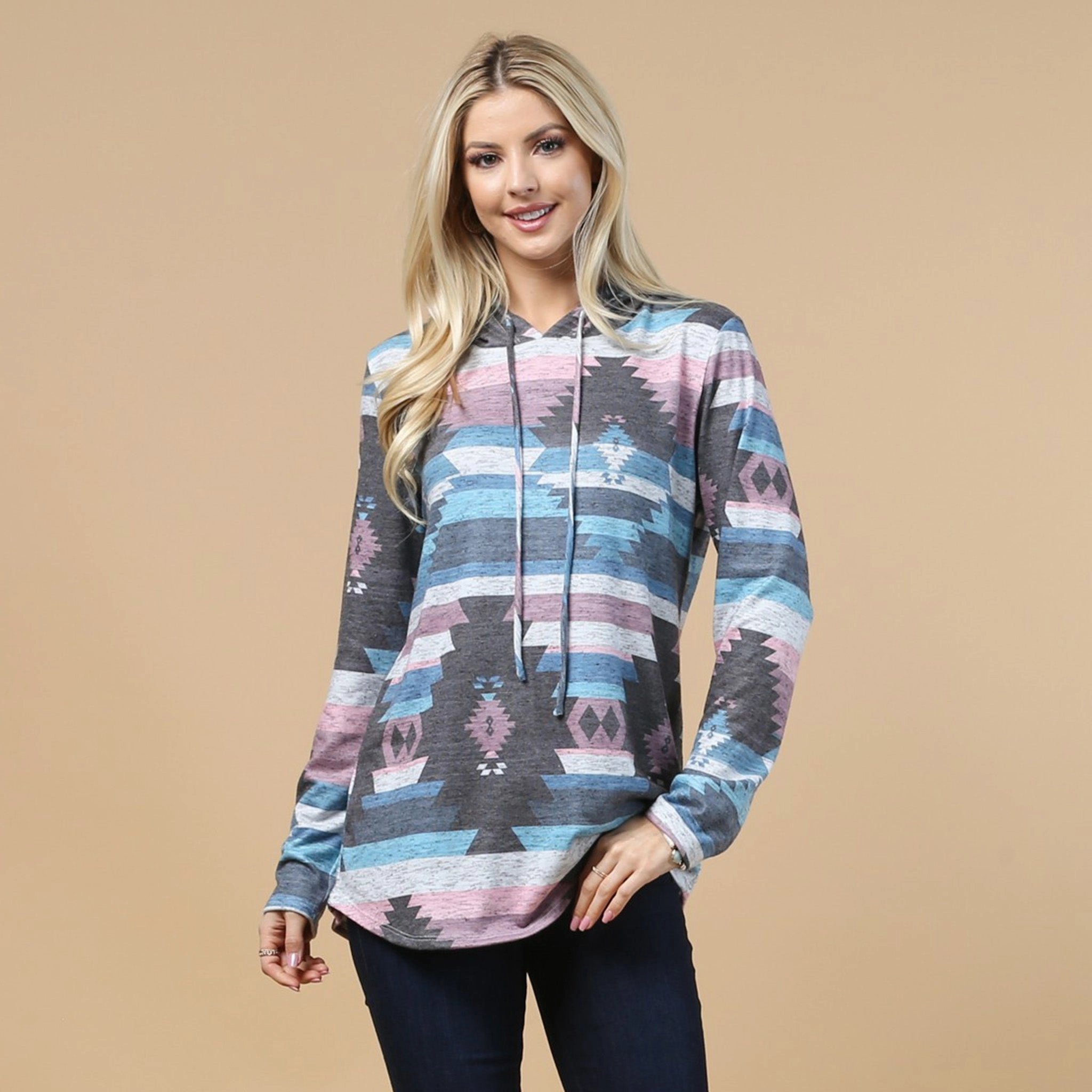 Avery Women's Aztec Soft Hacci Hoodie TaglessCollar Double Layered Hem