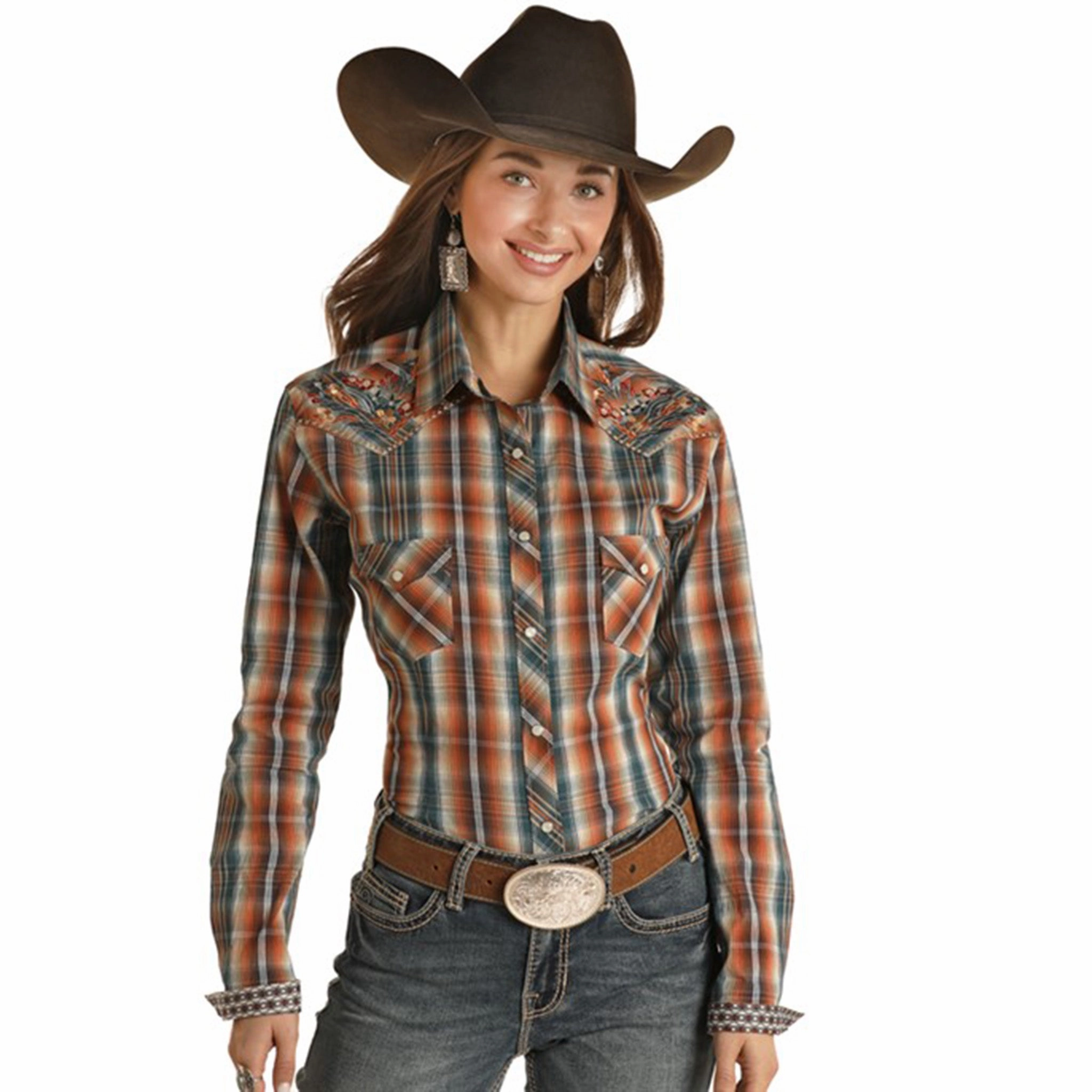 Panhandle Slim Rust Plaid L/S Reinforced Buttonholes Light Deflection Fabric