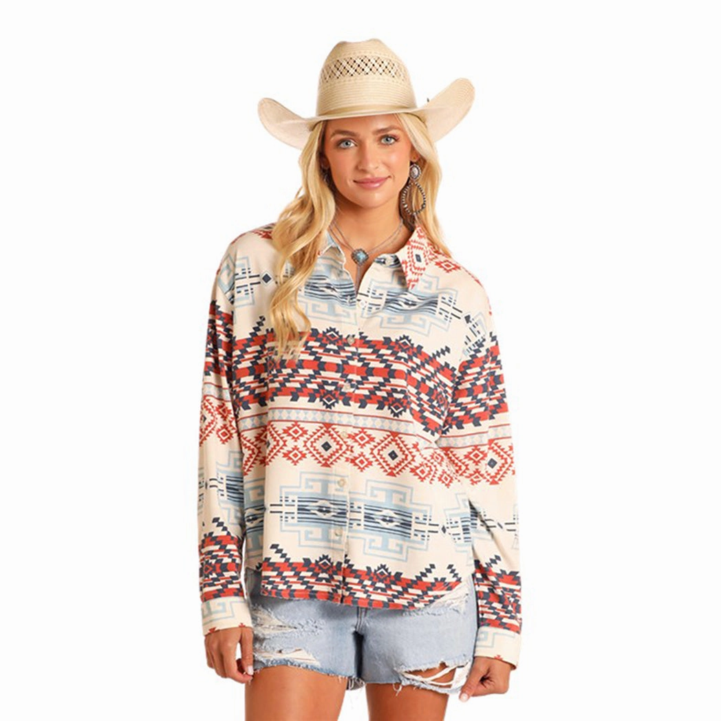 Rock & Roll Women's Multi Color Aztec Knit Overshirt ComfortStretch