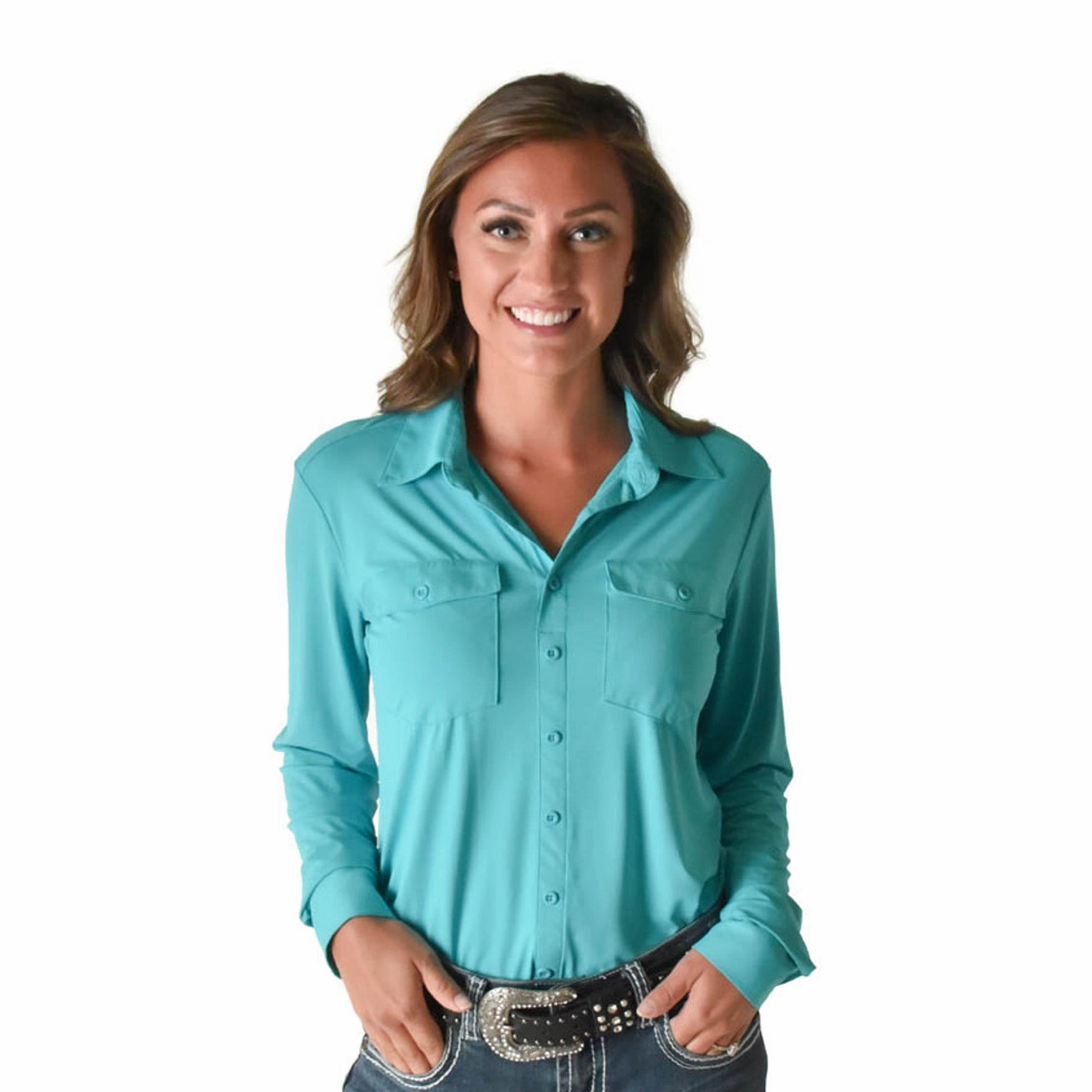 Cowgirl Tuff Women's Turquoise Button Up Butter Soft Handfeel