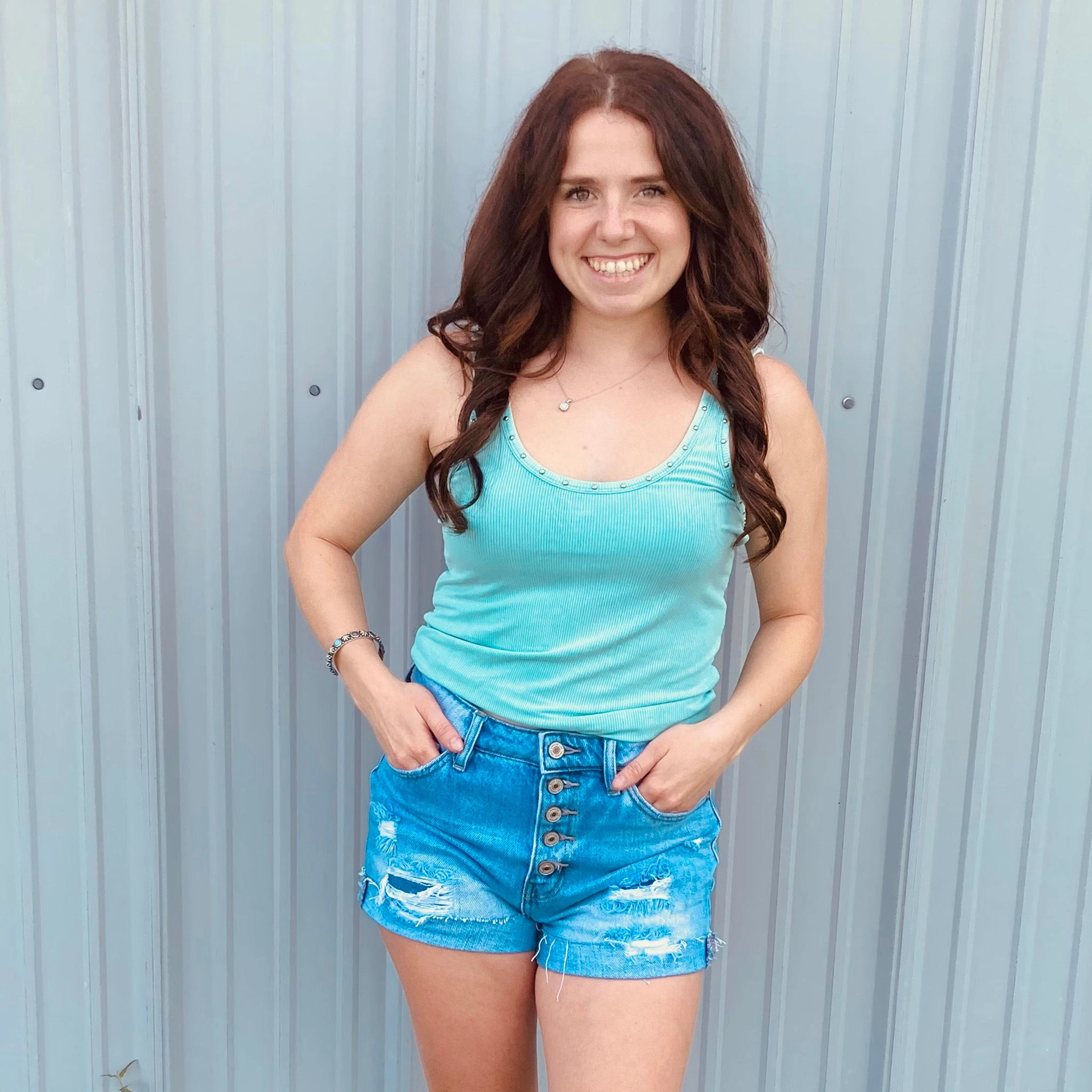 BrushedInnerLining ResilientStretch Aqua Studded Tank