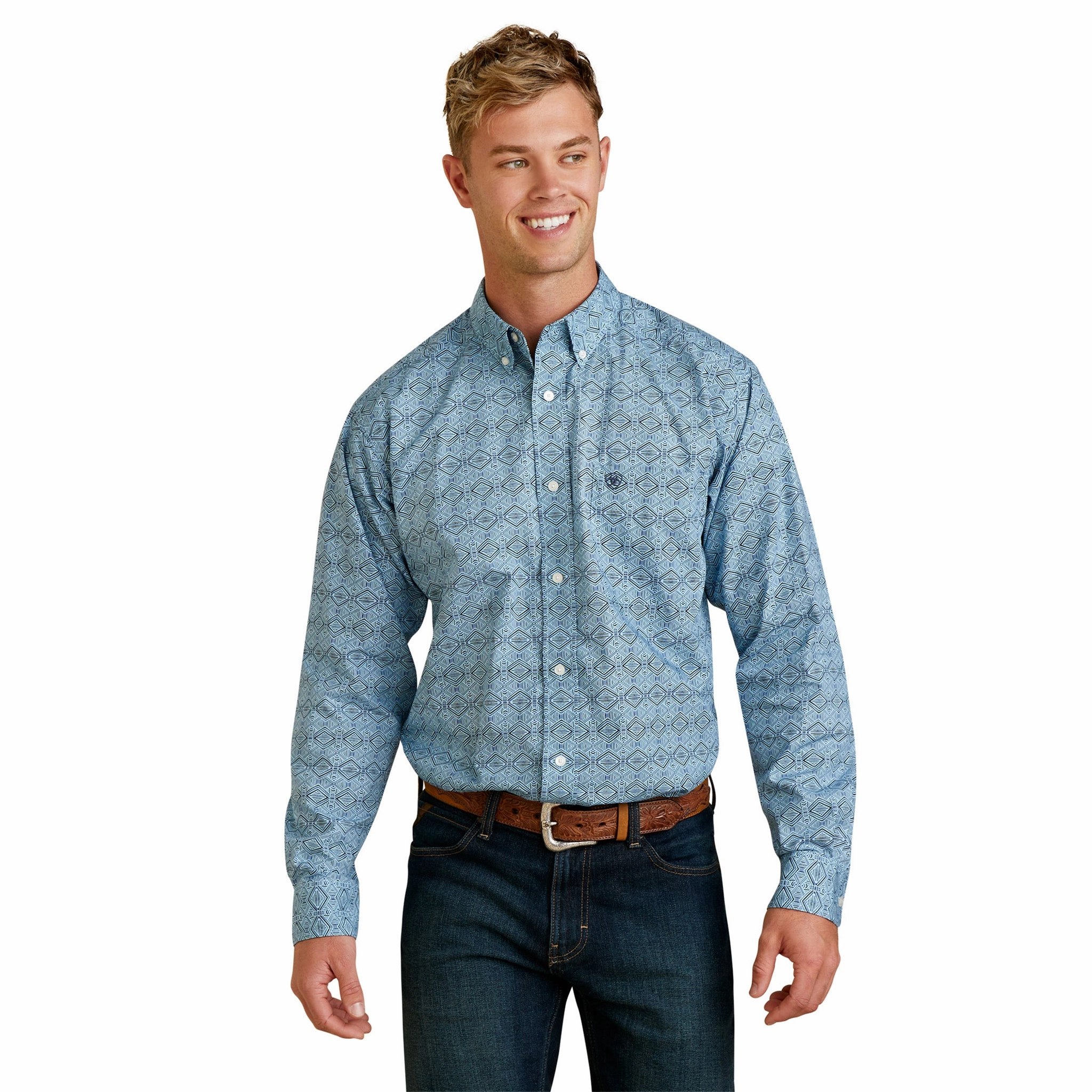 Ventilated Back Panel Smooth Texture Ariat Men's Blue and White Fitted Iverson