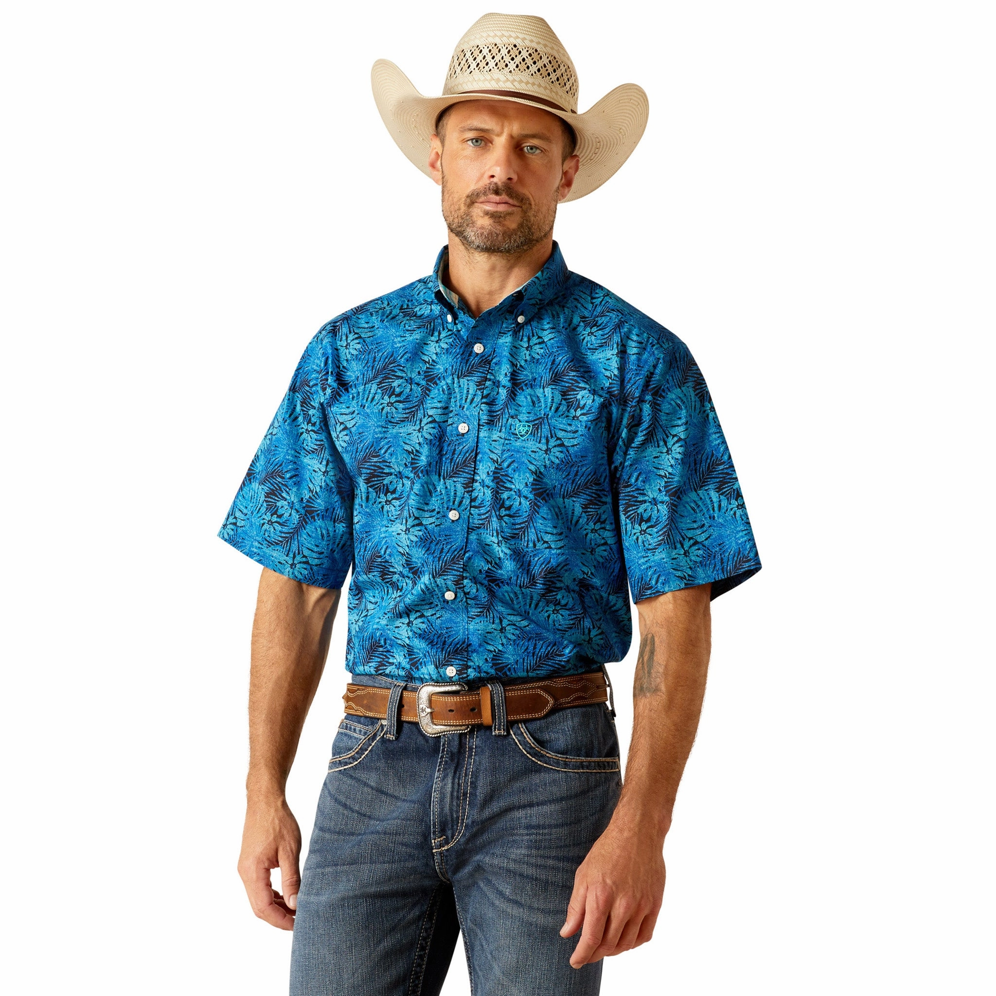 Static Dissipating Fiber Tailored Style Ariat Men's Blue Kylo Hawaiian Print Short Sleeve