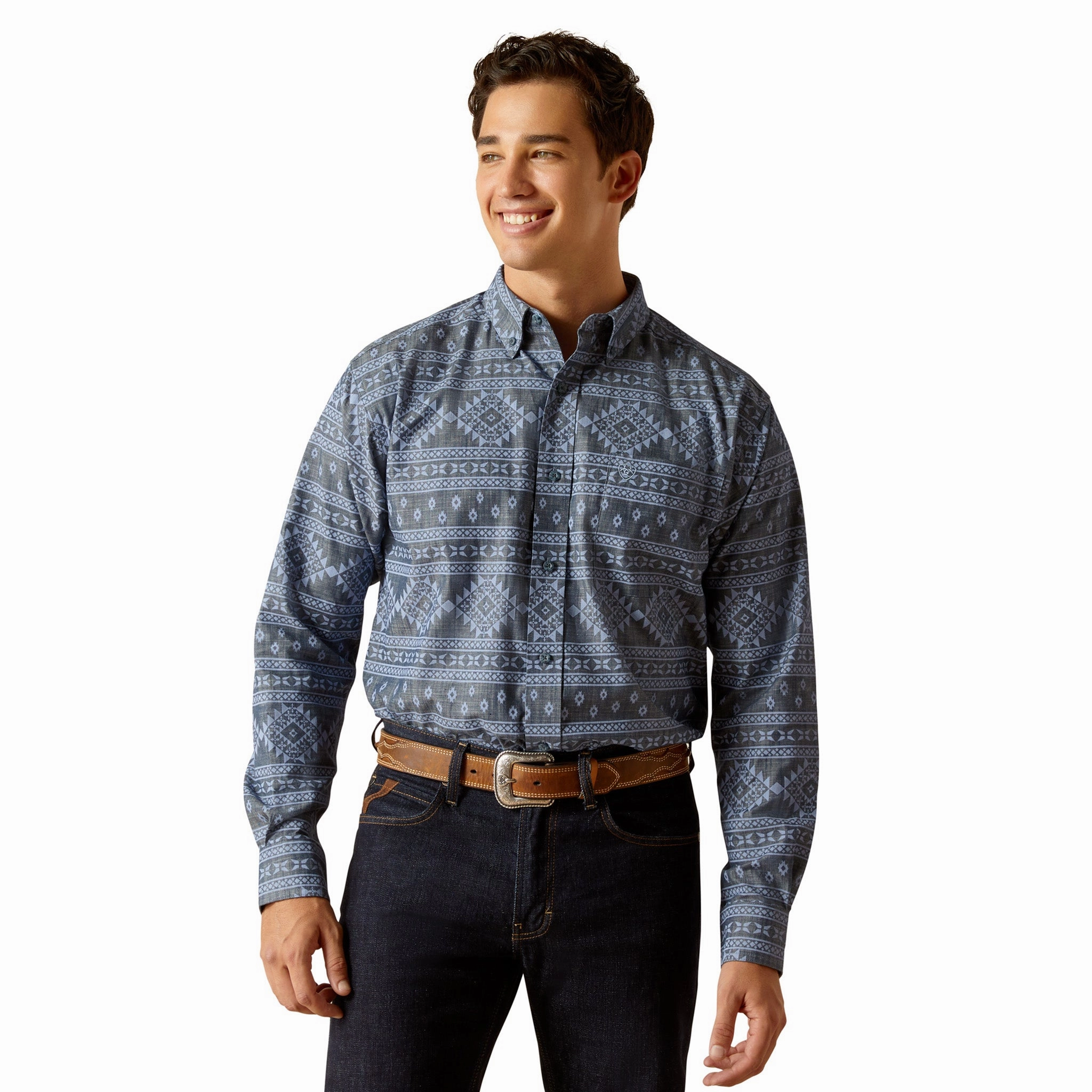 Premium Pima Cotton Active Design Ariat Men's Eddie Navy Blue Aztec Print Long Sleeve