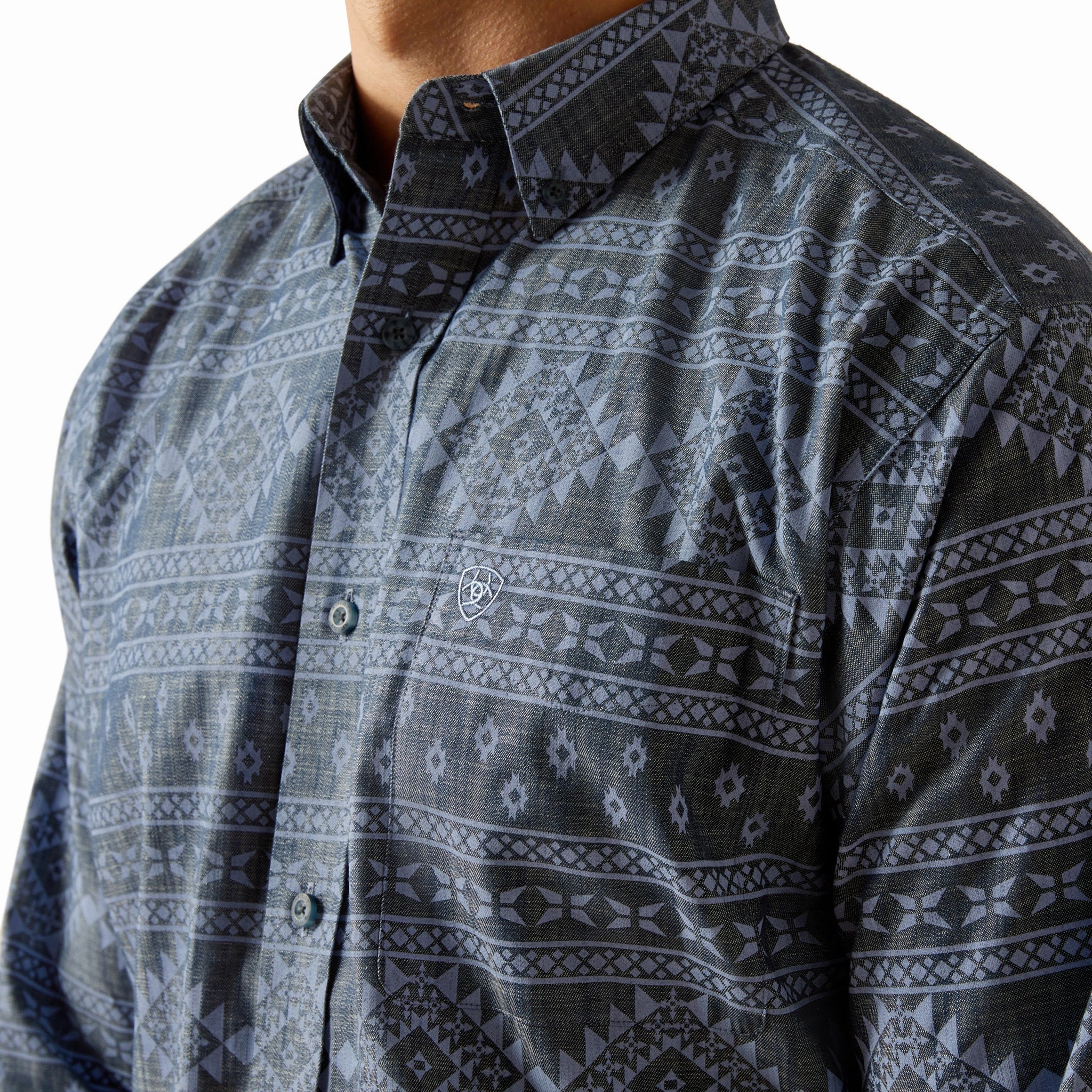 High-End Fashion Smooth Zipper Design Ariat Men's Eddie Navy Blue Aztec Print Long Sleeve