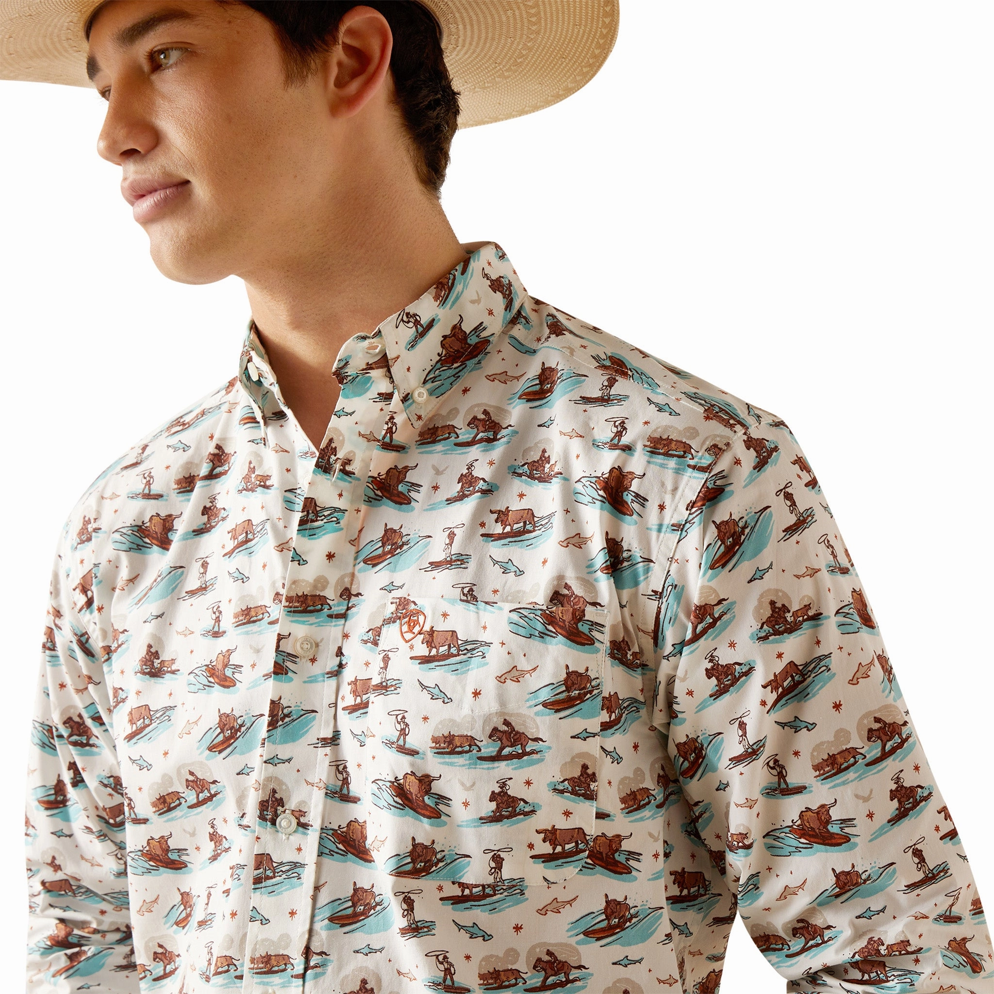 Ariat Men's Surfing Longhorn Aloha Long Sleeve Shirt Military Inspired Breathable Style