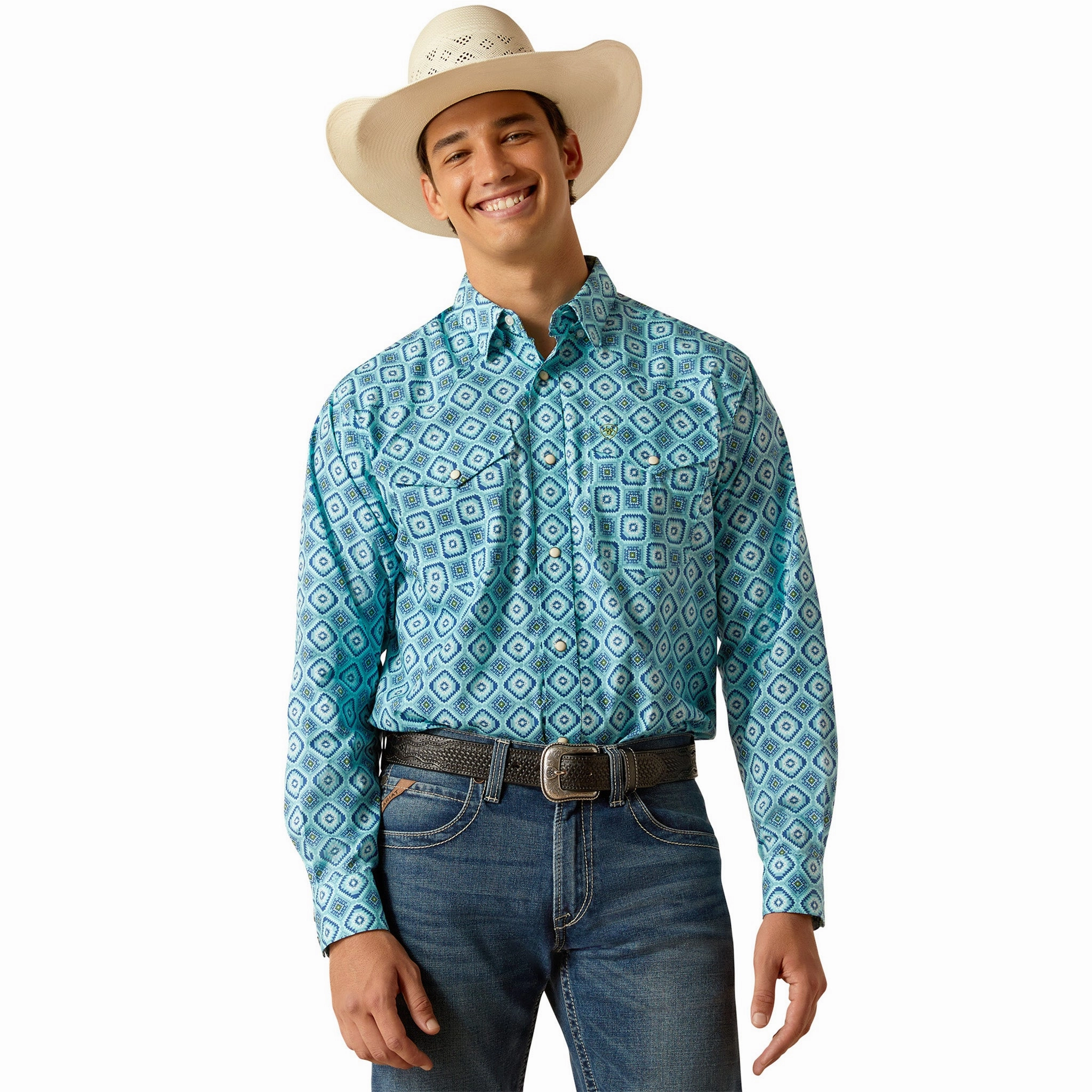 Casual Friday All-Weather Ready Ariat Men's Turquoise Geo Print Shirt
