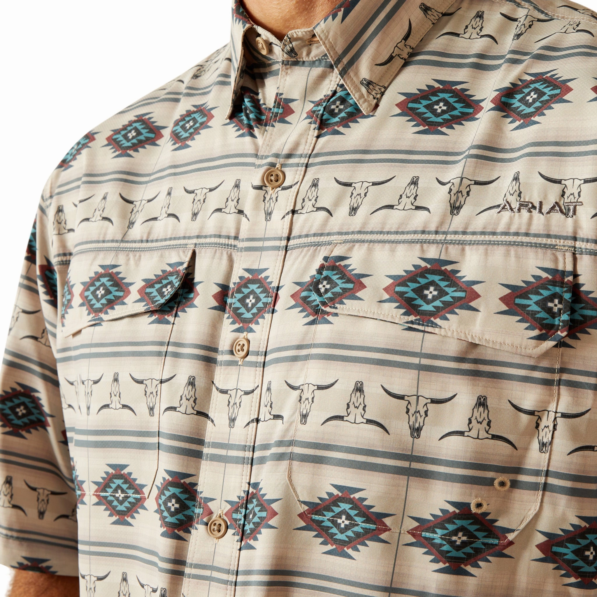 Gender Neutral Button front Ariat Men's VentTek Aztec Skull Short Sleeve