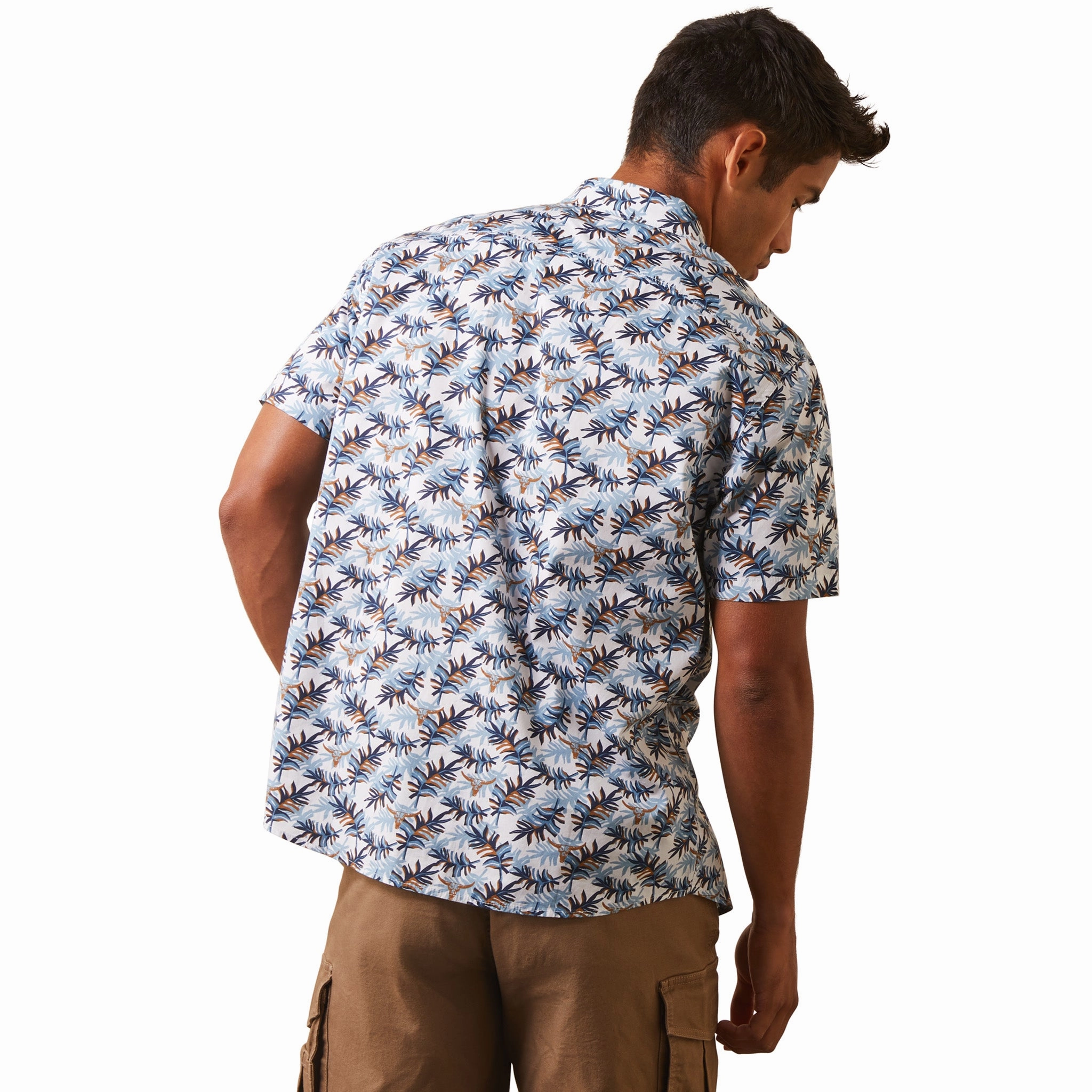 Sleeveless Cut Ruffle Edge Ariat Men's White & Blue Palm Leaf & Skull Short Sleeve