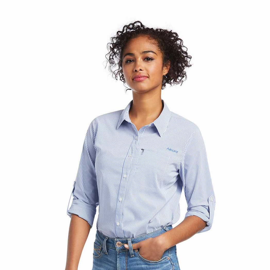 Ariat Women's Blue and White Striped VentTEK Long Sleeve Circular Knit Technique