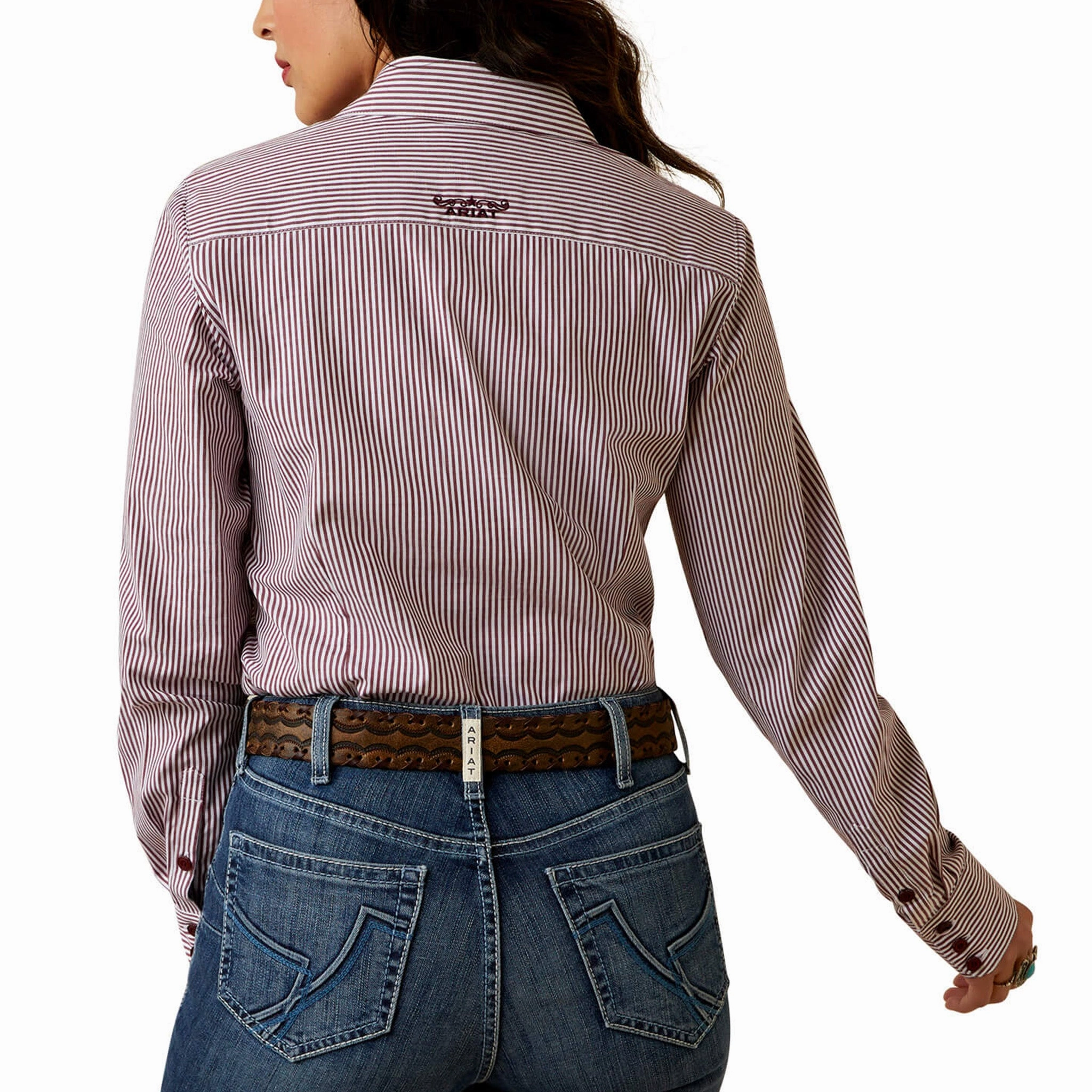 Ariat Women's Burgundy and White Stripe Shirt Reflective Detailing MultiPocket Configuration