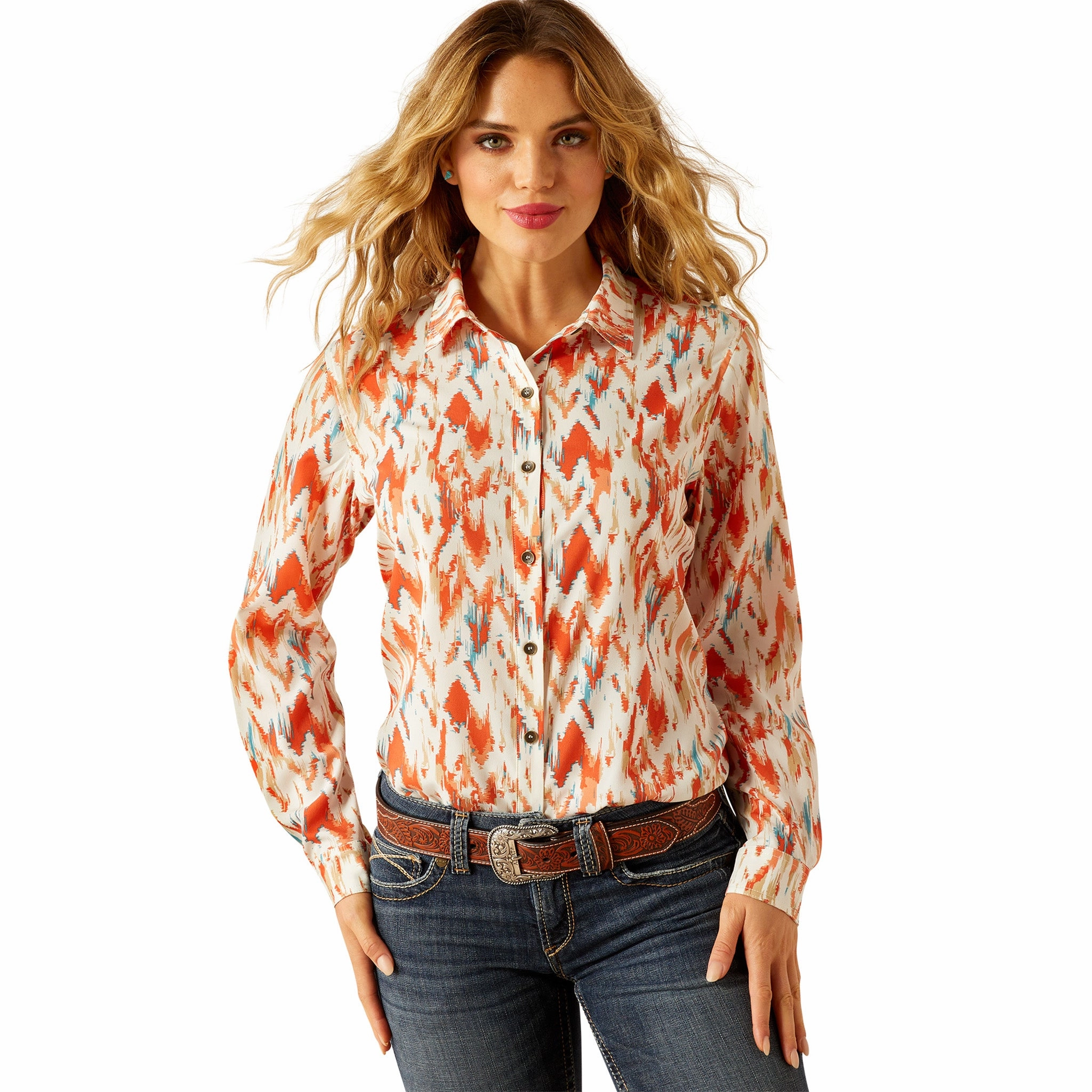 Ariat Women's Homestyle Painted Orange Long Sleeve Shirt Chic Look