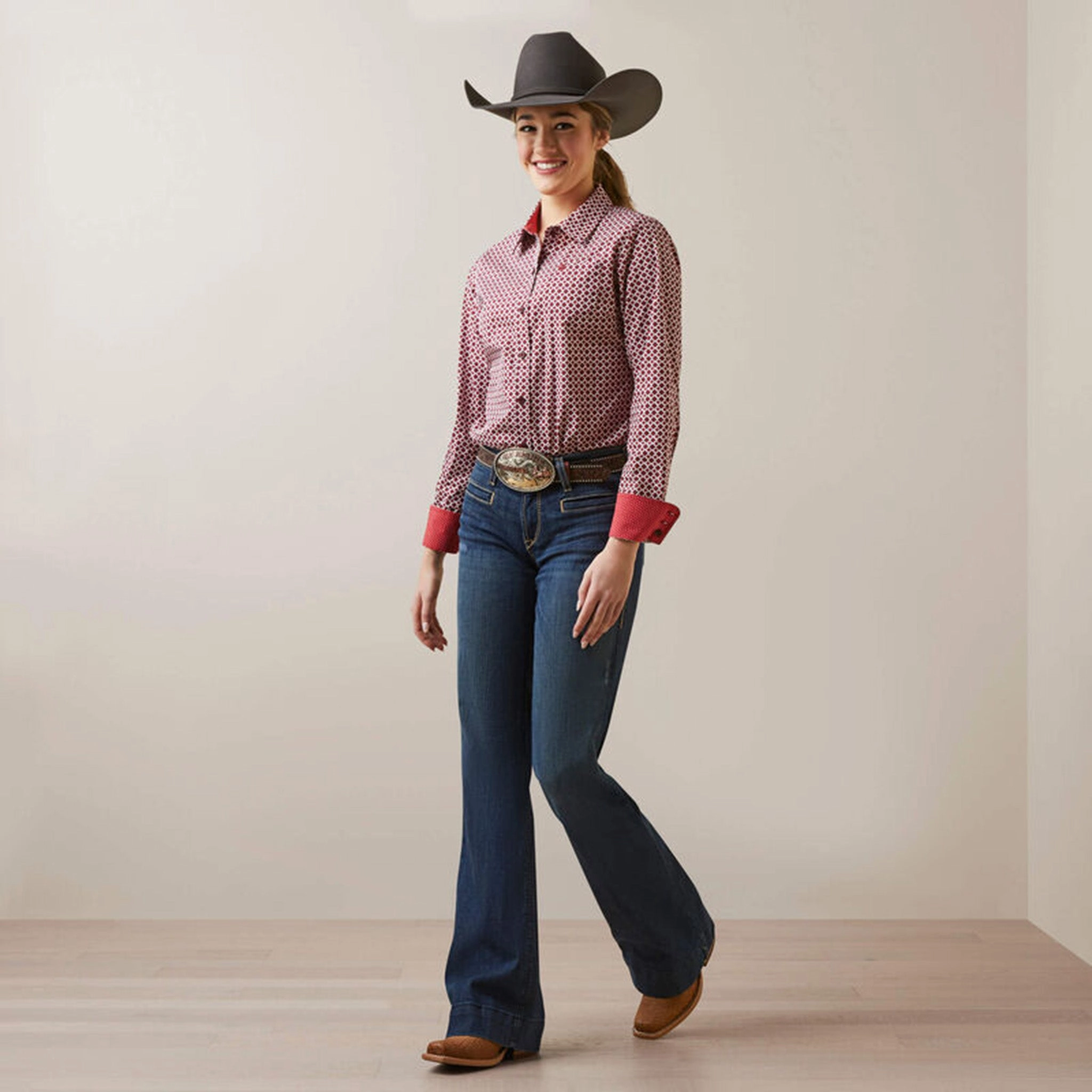 Ariat Women's Kirby Red Geo Stretch Shirt FrenchTerryTexture FlexibleLayeredConstruction